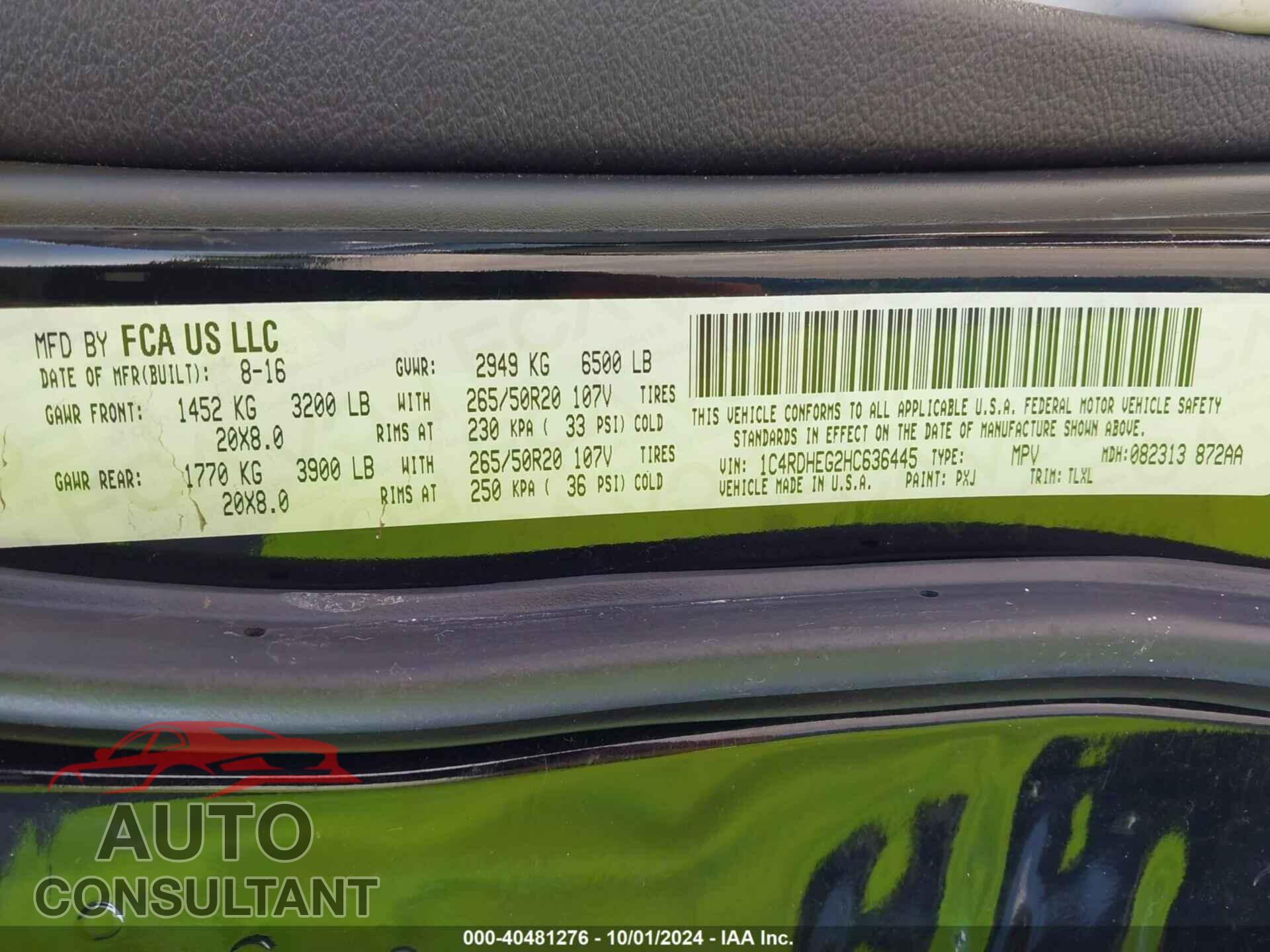 DODGE DURANGO 2017 - 1C4RDHEG2HC636445