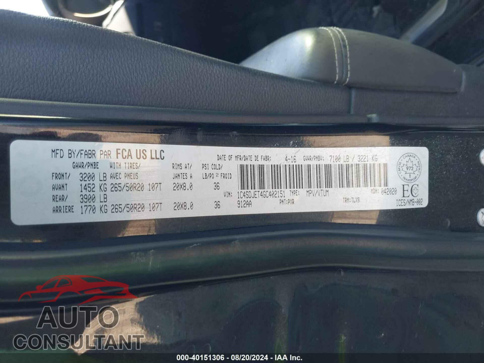 DODGE DURANGO 2016 - 1C4SDJET4GC402151