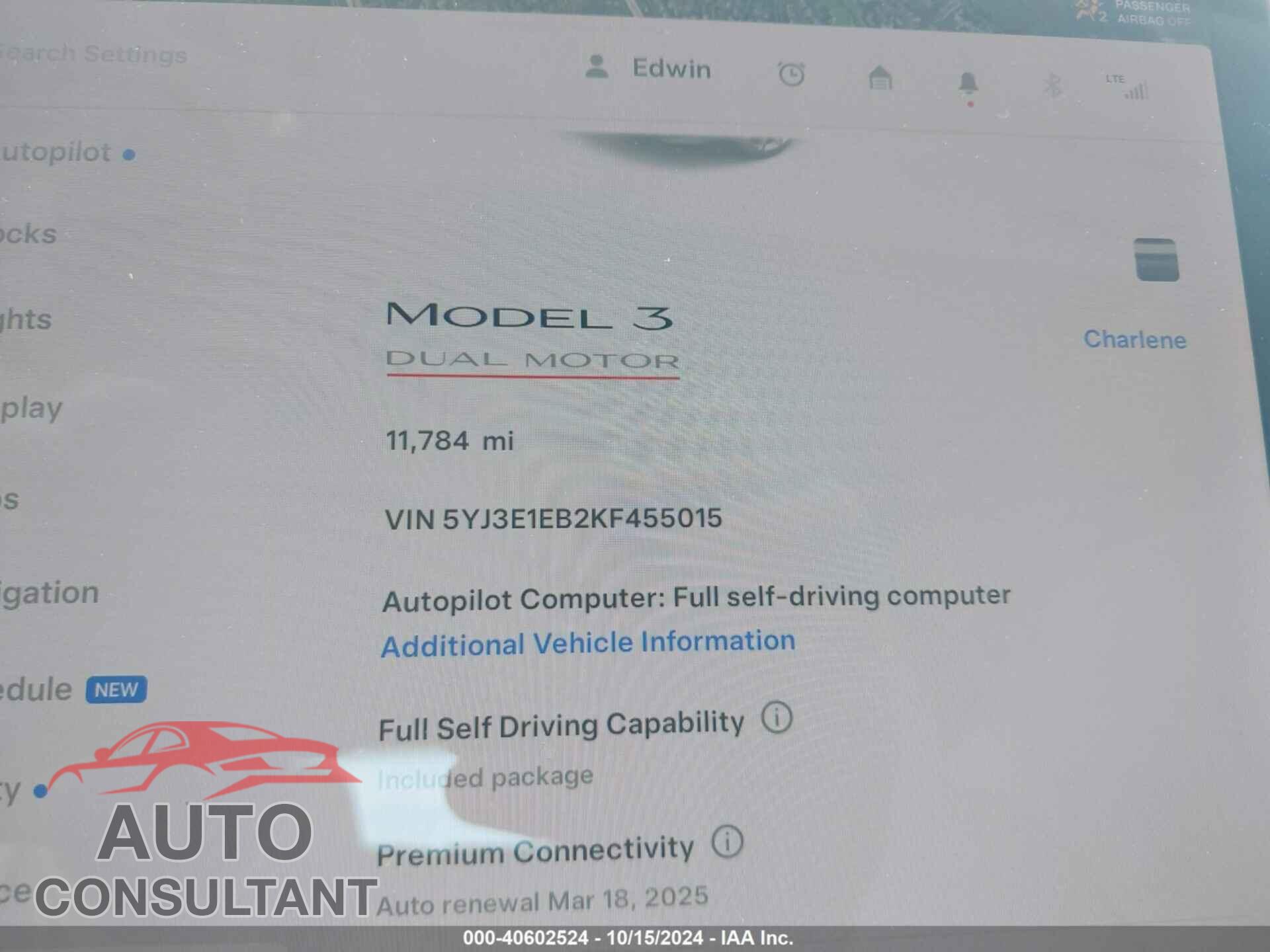 TESLA MODEL 3 2019 - 5YJ3E1EB2KF455015
