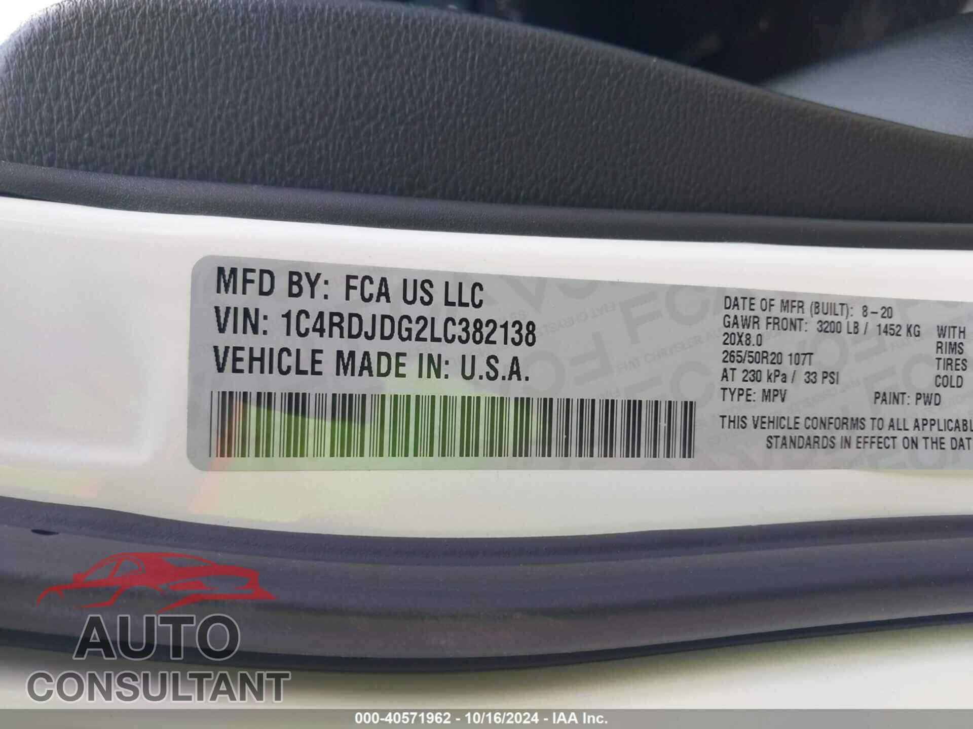 DODGE DURANGO 2020 - 1C4RDJDG2LC382138