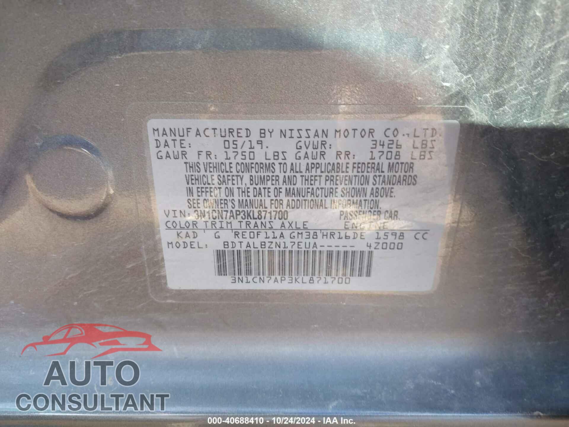 NISSAN VERSA 2019 - 3N1CN7AP3KL871700