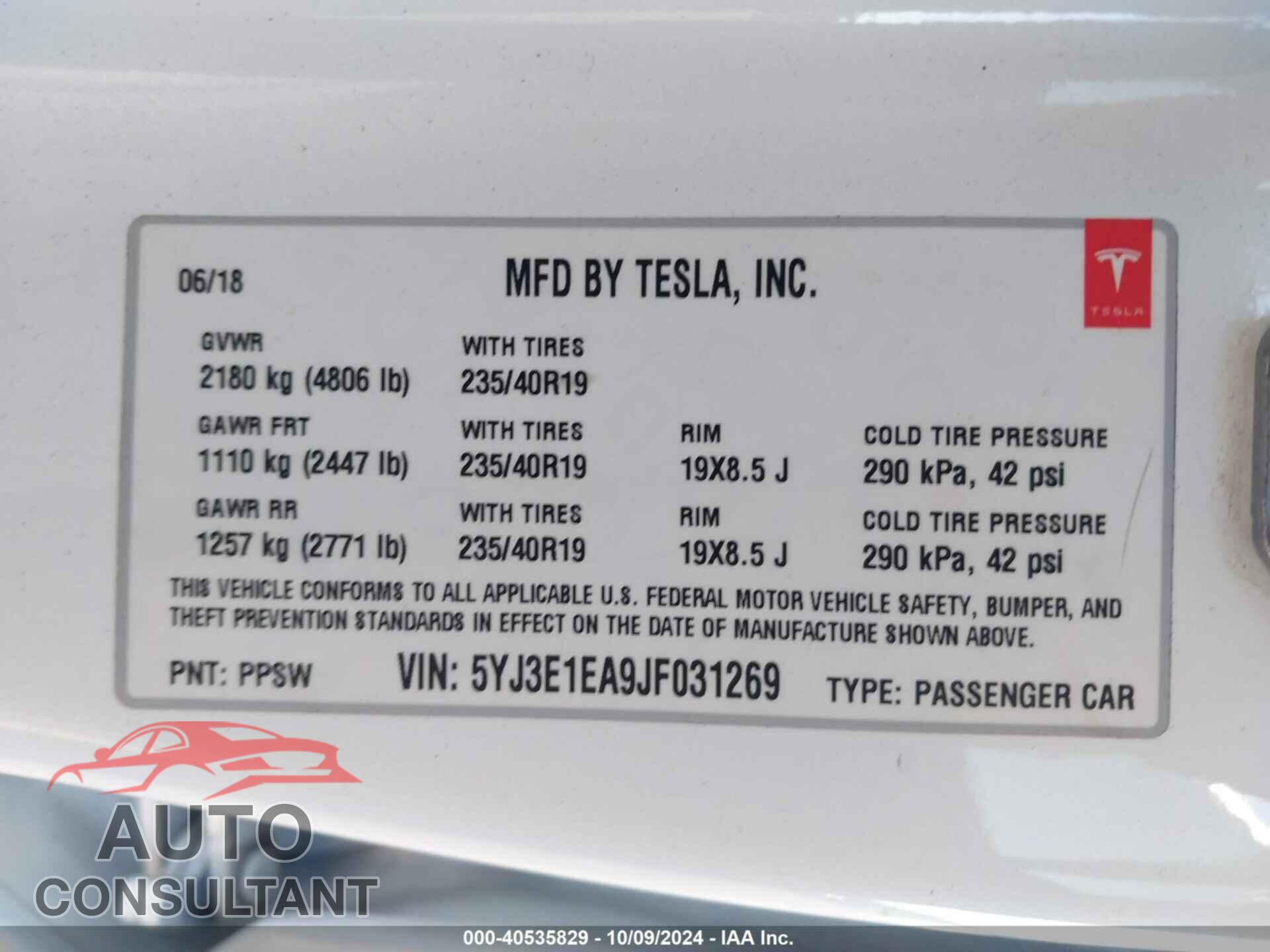 TESLA MODEL 3 2018 - 5YJ3E1EA9JF031269