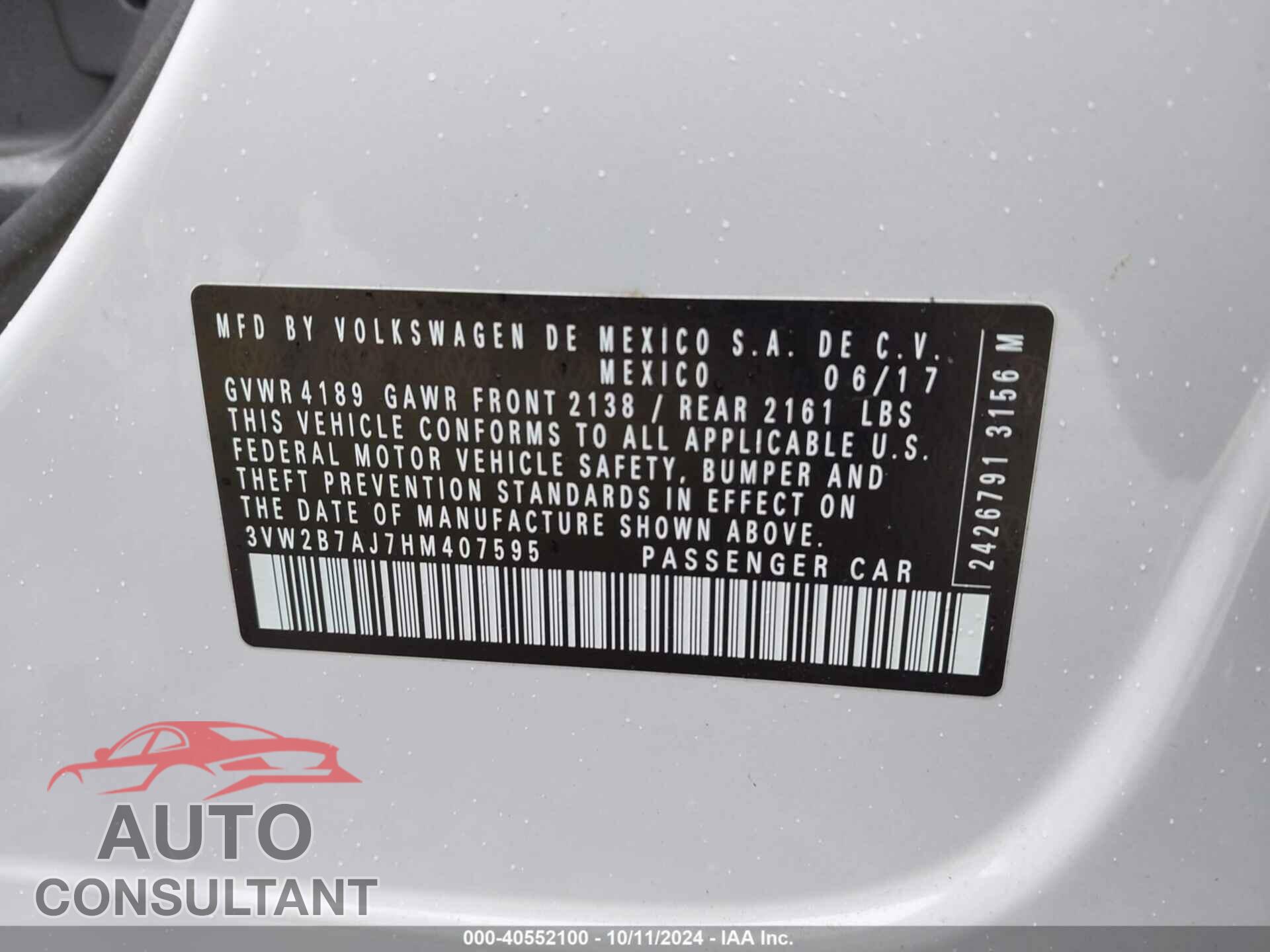 VOLKSWAGEN JETTA 2017 - 3VW2B7AJ7HM407595
