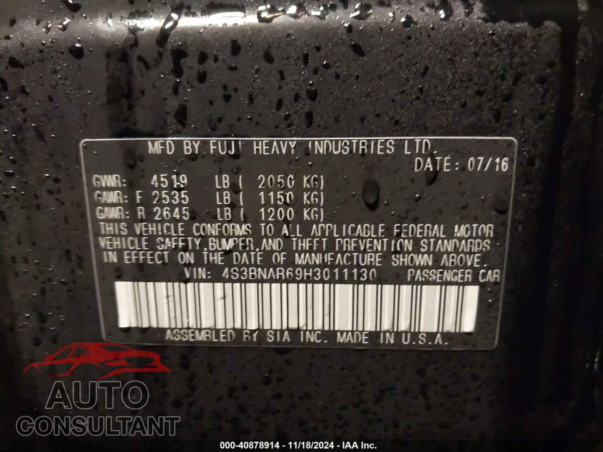 SUBARU LEGACY 2017 - 4S3BNAR69H3011130