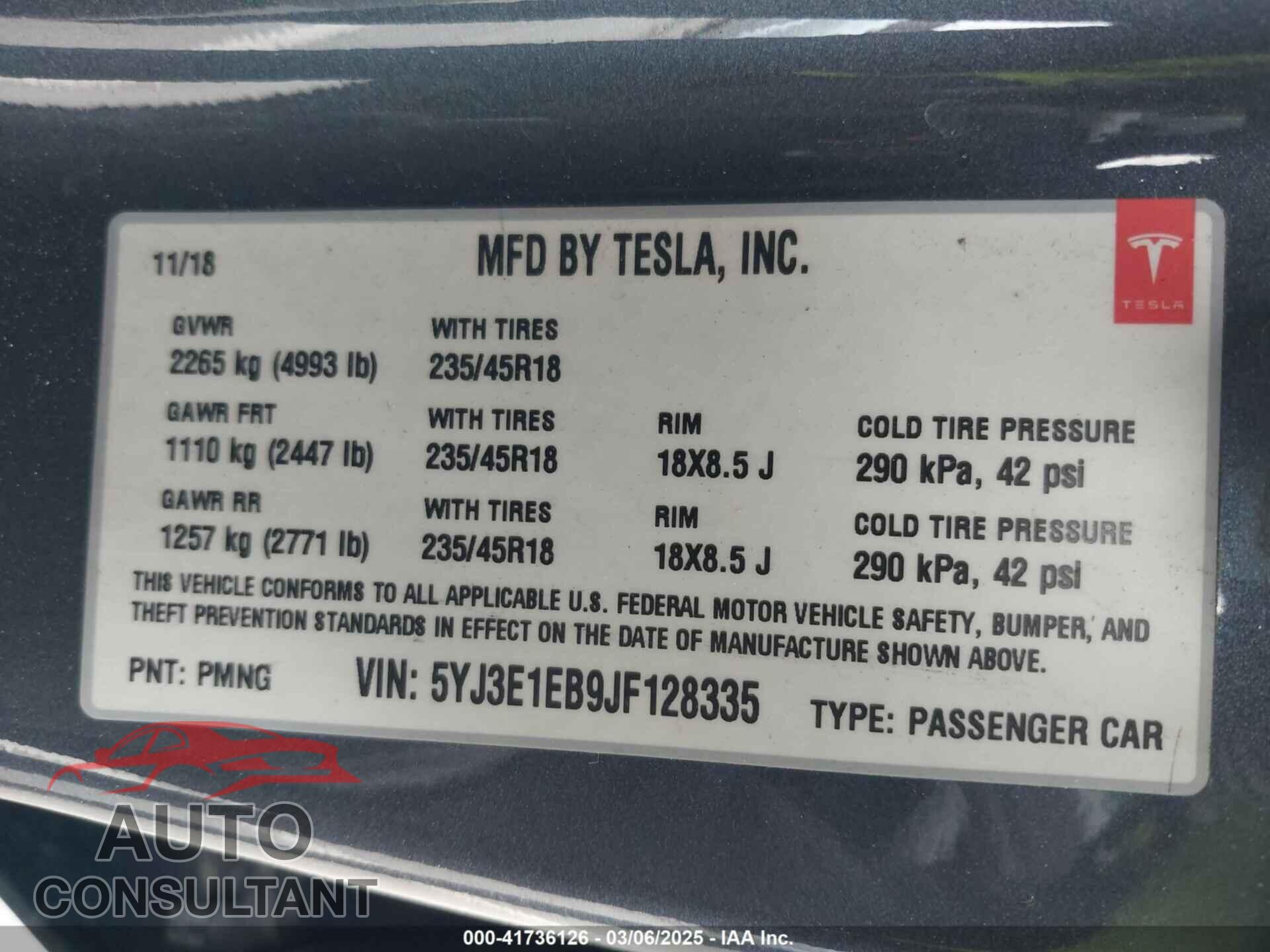 TESLA MODEL 3 2018 - 5YJ3E1EB9JF128335