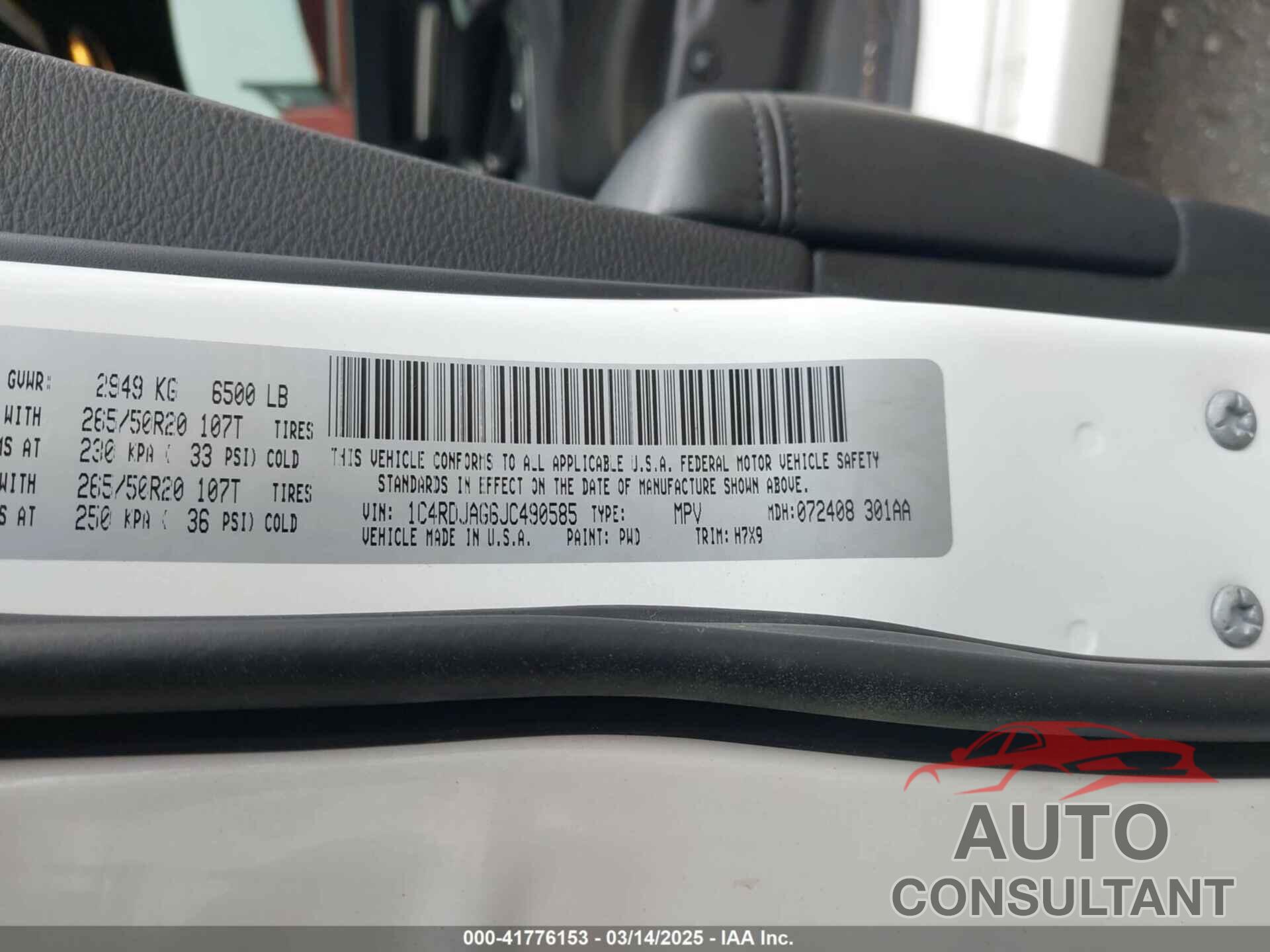 DODGE DURANGO 2018 - 1C4RDJAG6JC490585