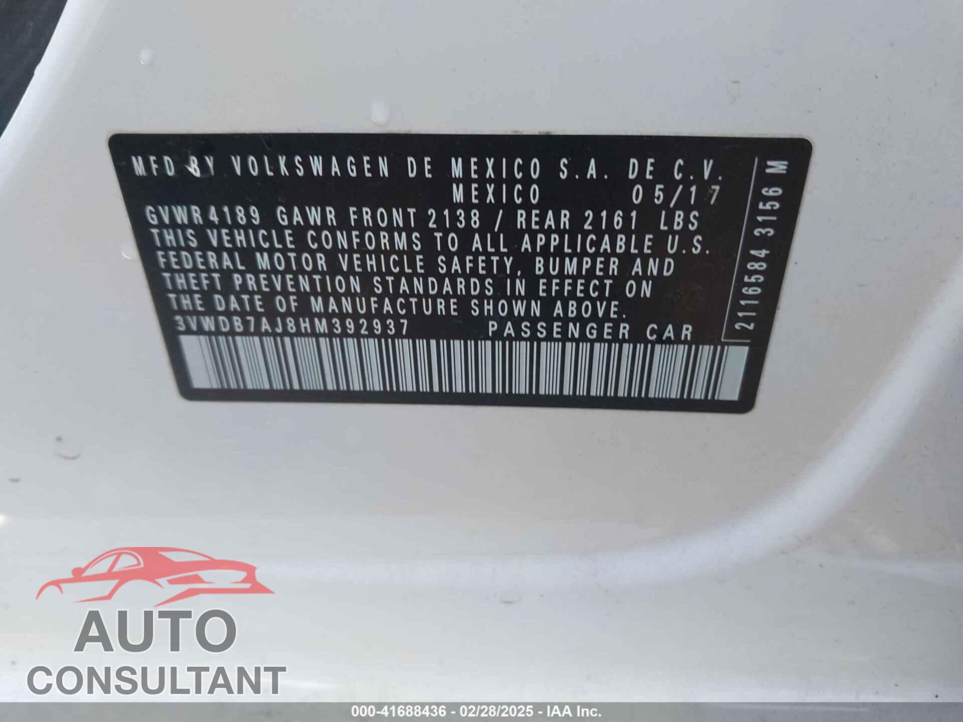 VOLKSWAGEN JETTA 2017 - 3VWDB7AJ8HM392937