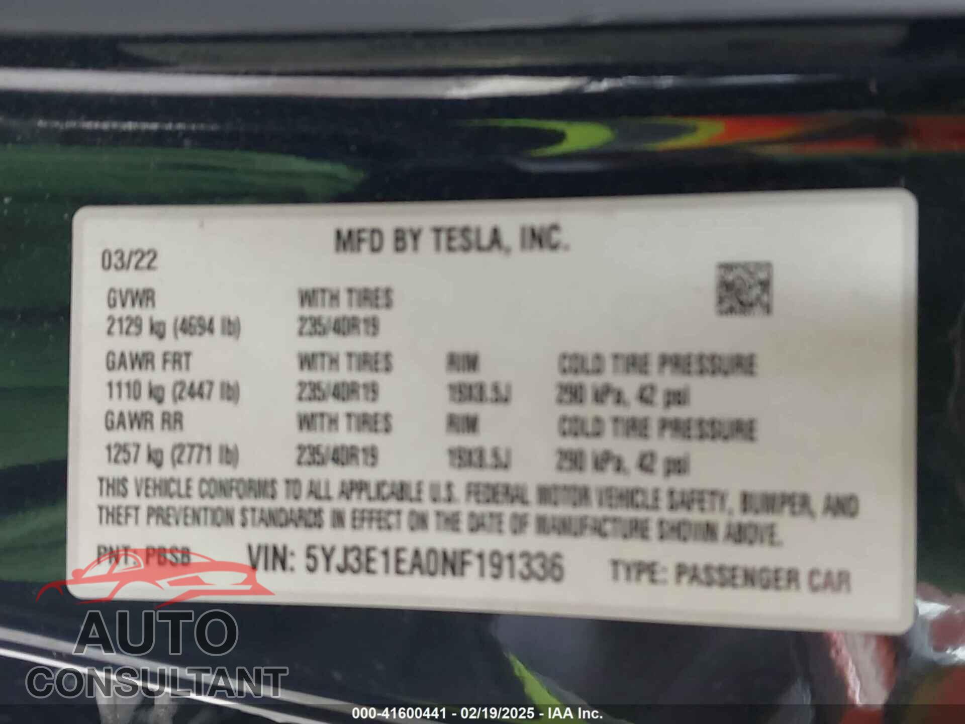 TESLA MODEL 3 2022 - 5YJ3E1EA0NF191336