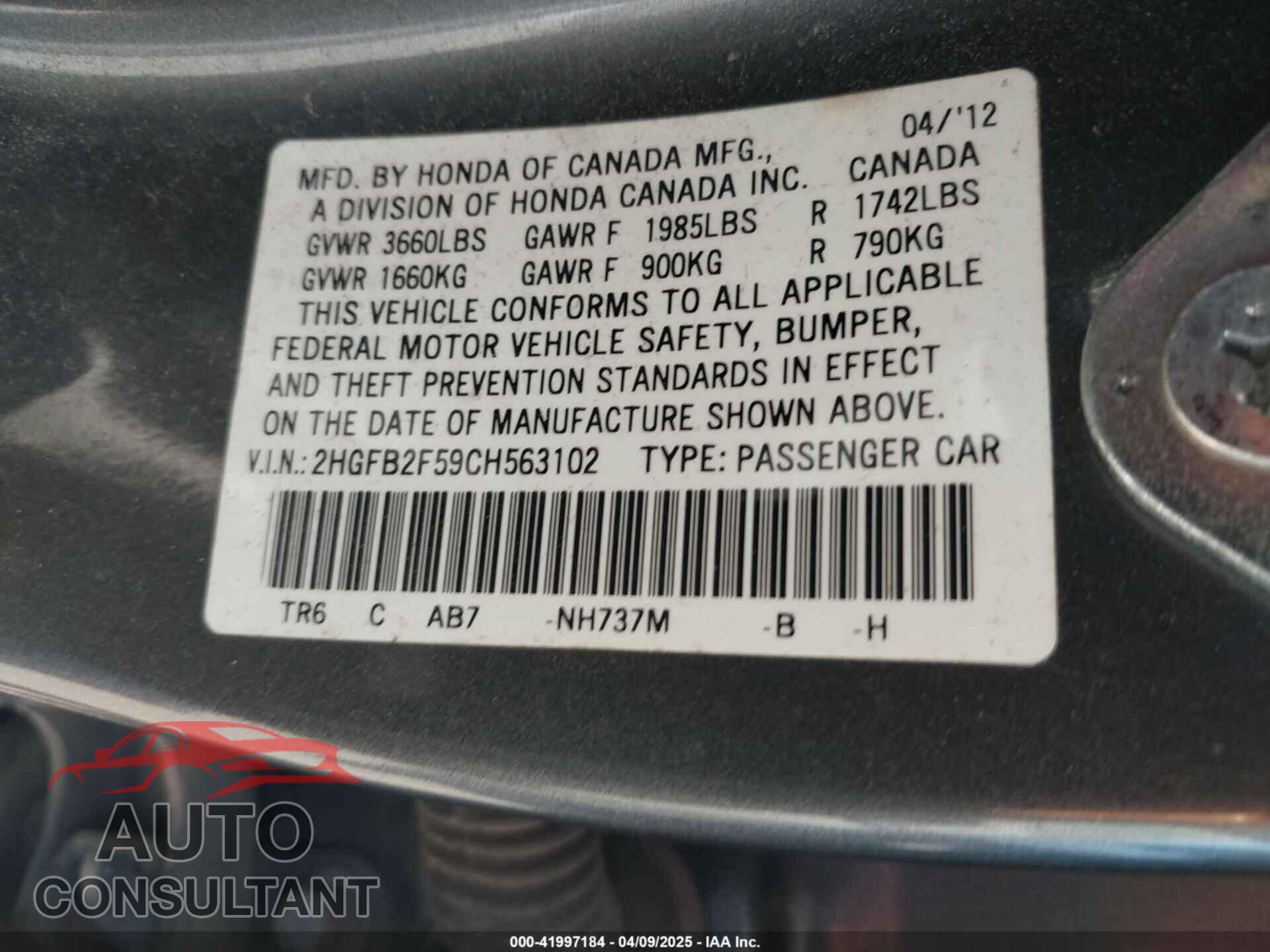 HONDA CIVIC 2012 - 2HGFB2F59CH563102