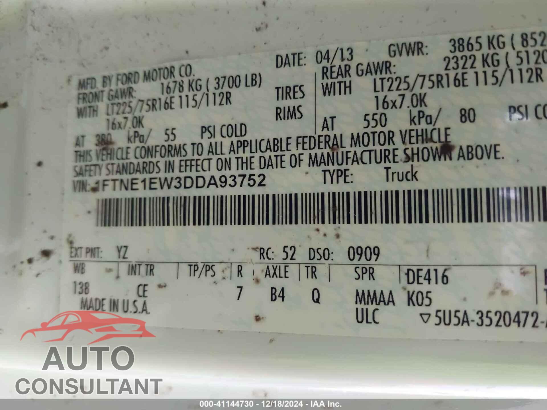 FORD E-150 2013 - 1FTNE1EW3DDA93752