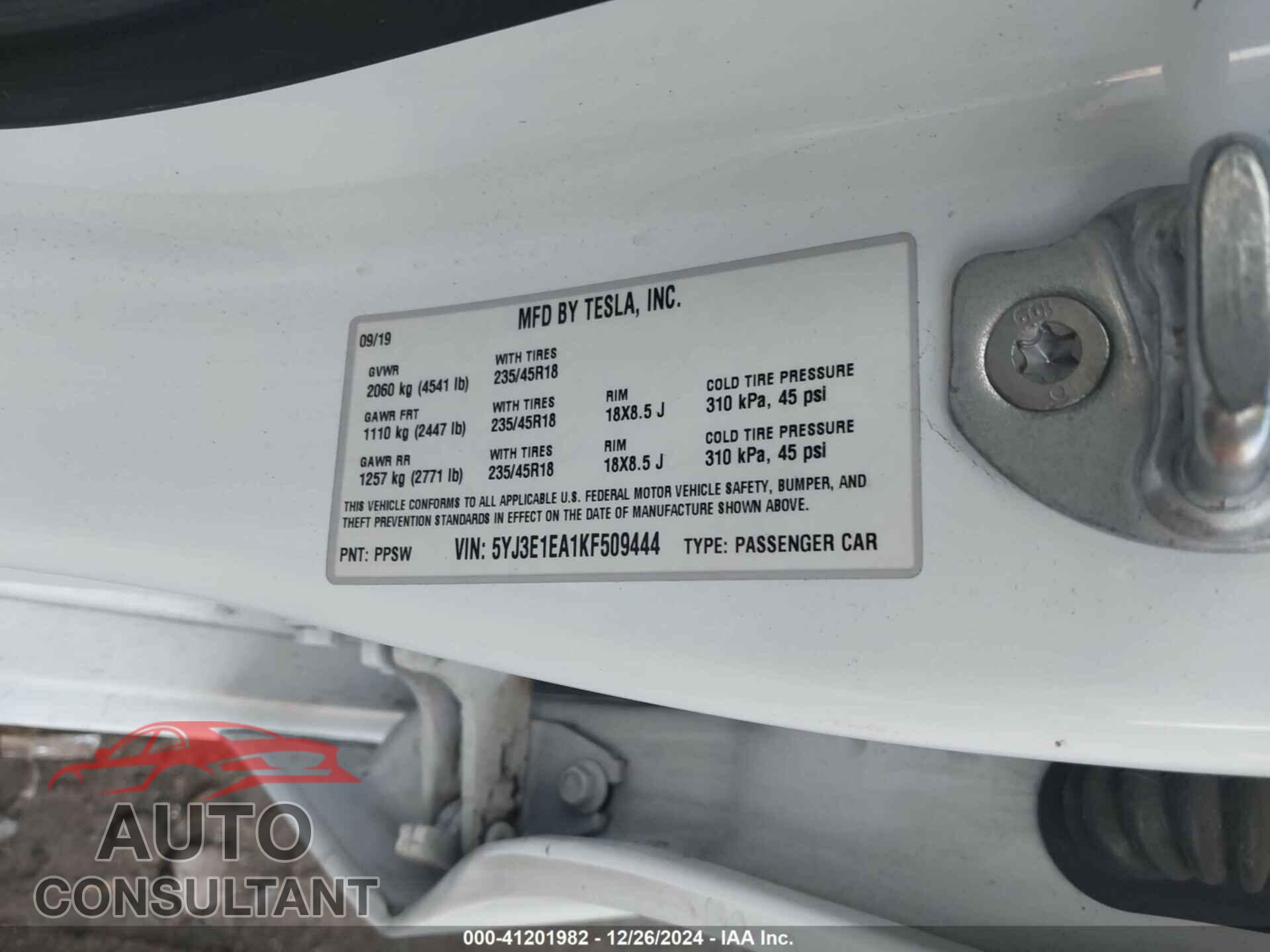 TESLA MODEL 3 2019 - 5YJ3E1EA1KF509444