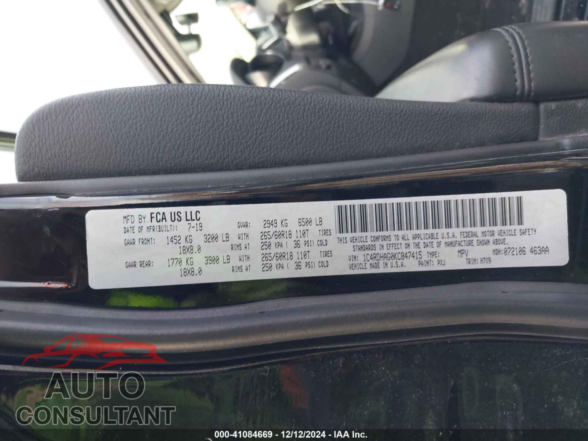 DODGE DURANGO 2019 - 1C4RDHAG0KC847415