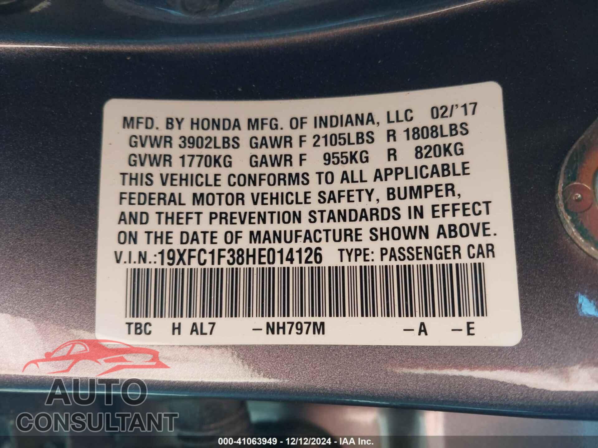 HONDA CIVIC 2017 - 19XFC1F38HE014126