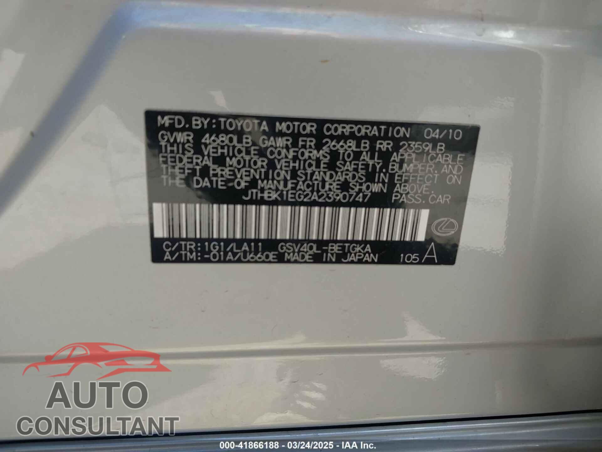 LEXUS ES 350 2010 - JTHBK1EG2A2390747
