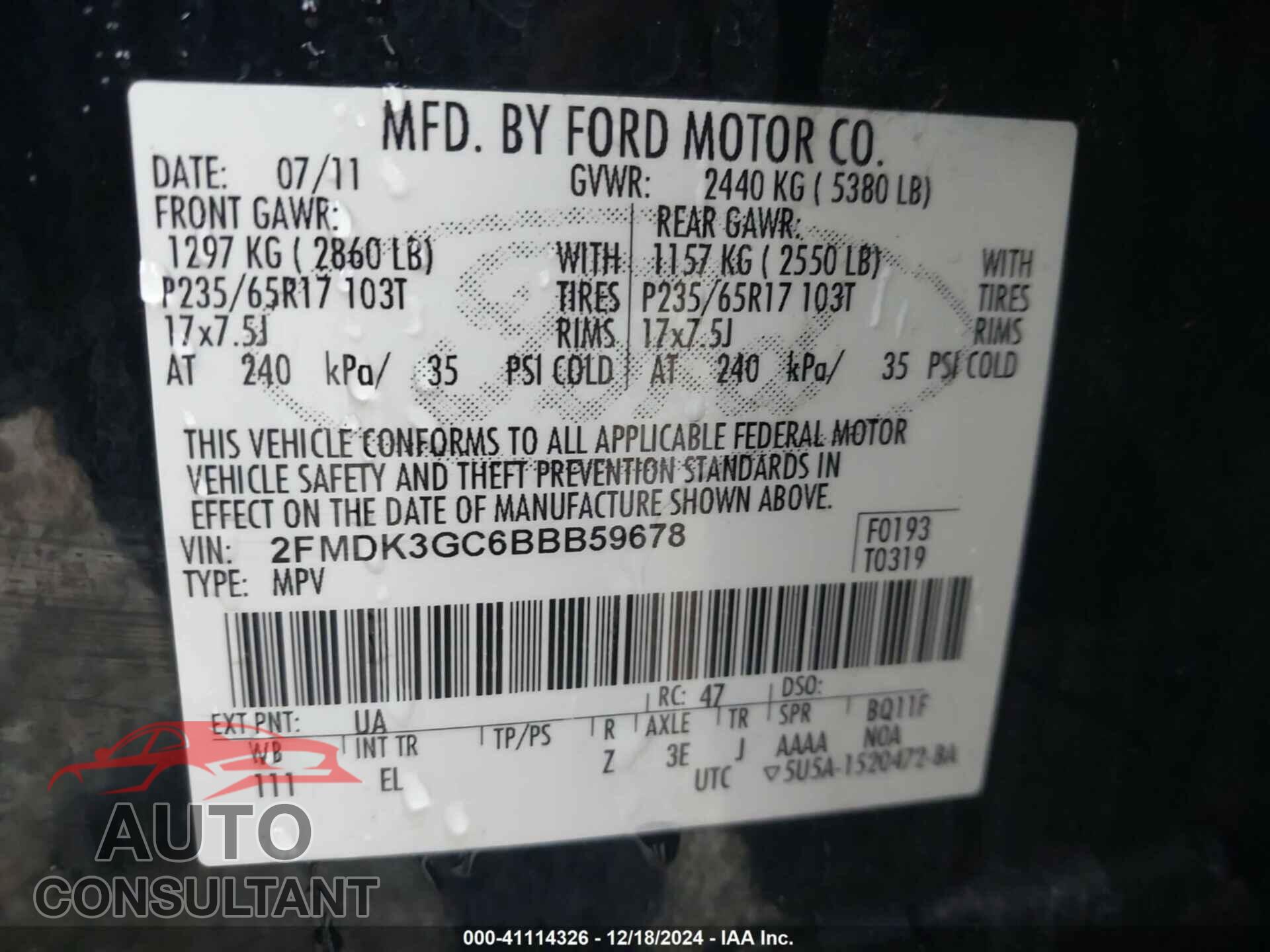 FORD EDGE 2011 - 2FMDK3GC6BBB59678