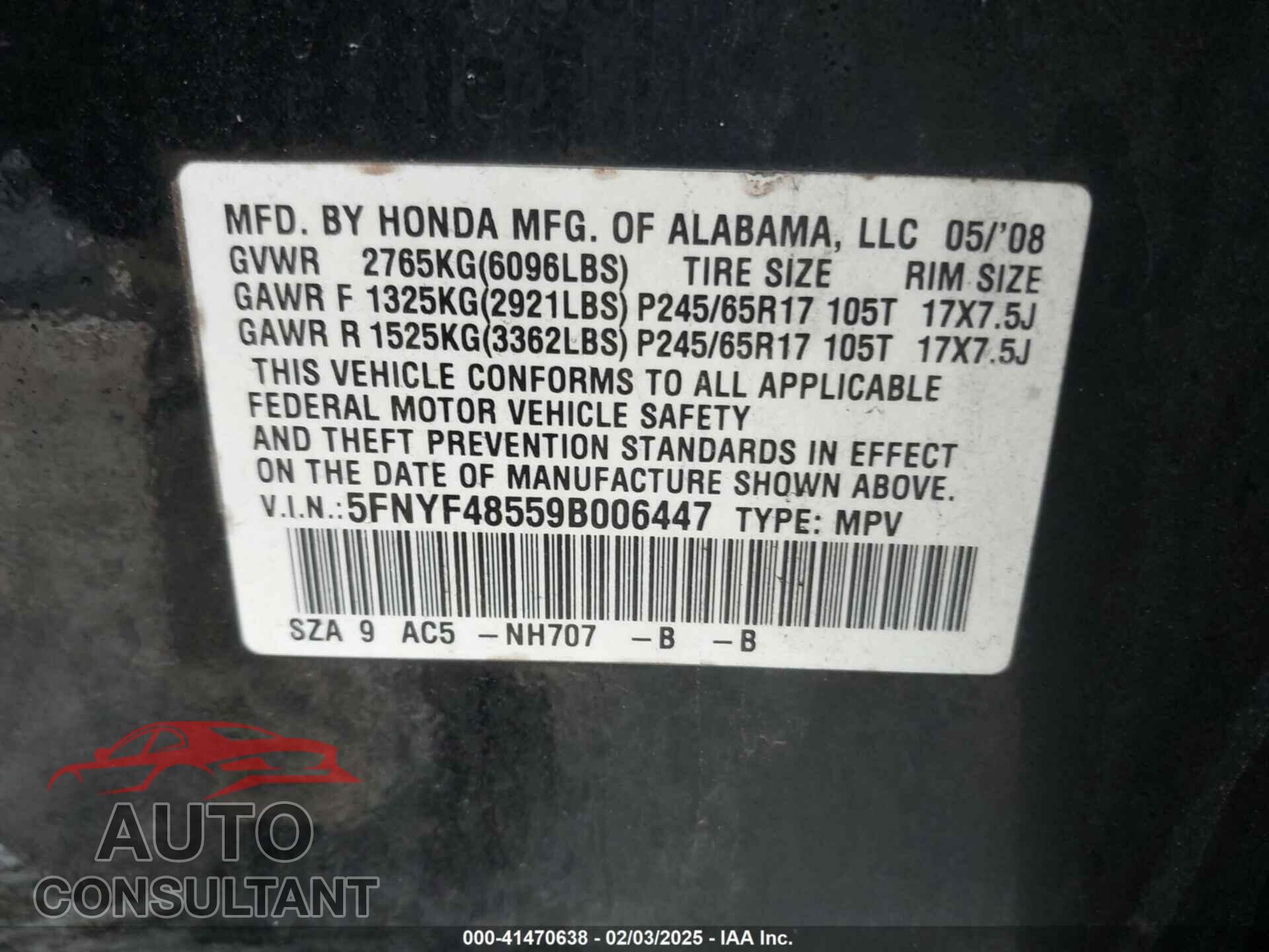 HONDA PILOT 2009 - 5FNYF48559B006447