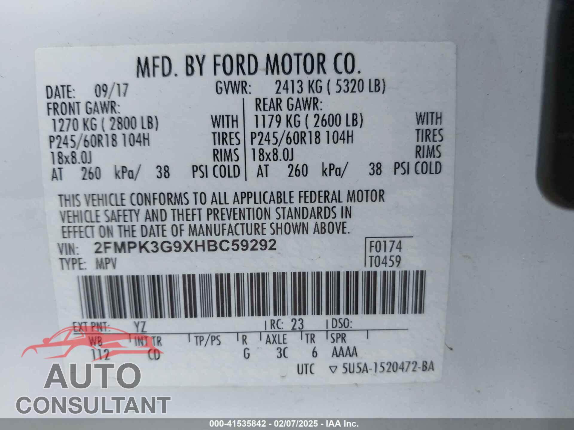FORD EDGE 2017 - 2FMPK3G9XHBC59292