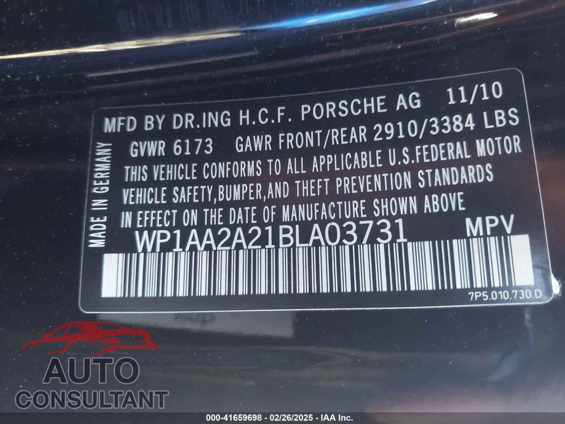 PORSCHE CAYENNE 2011 - WP1AA2A21BLA03731