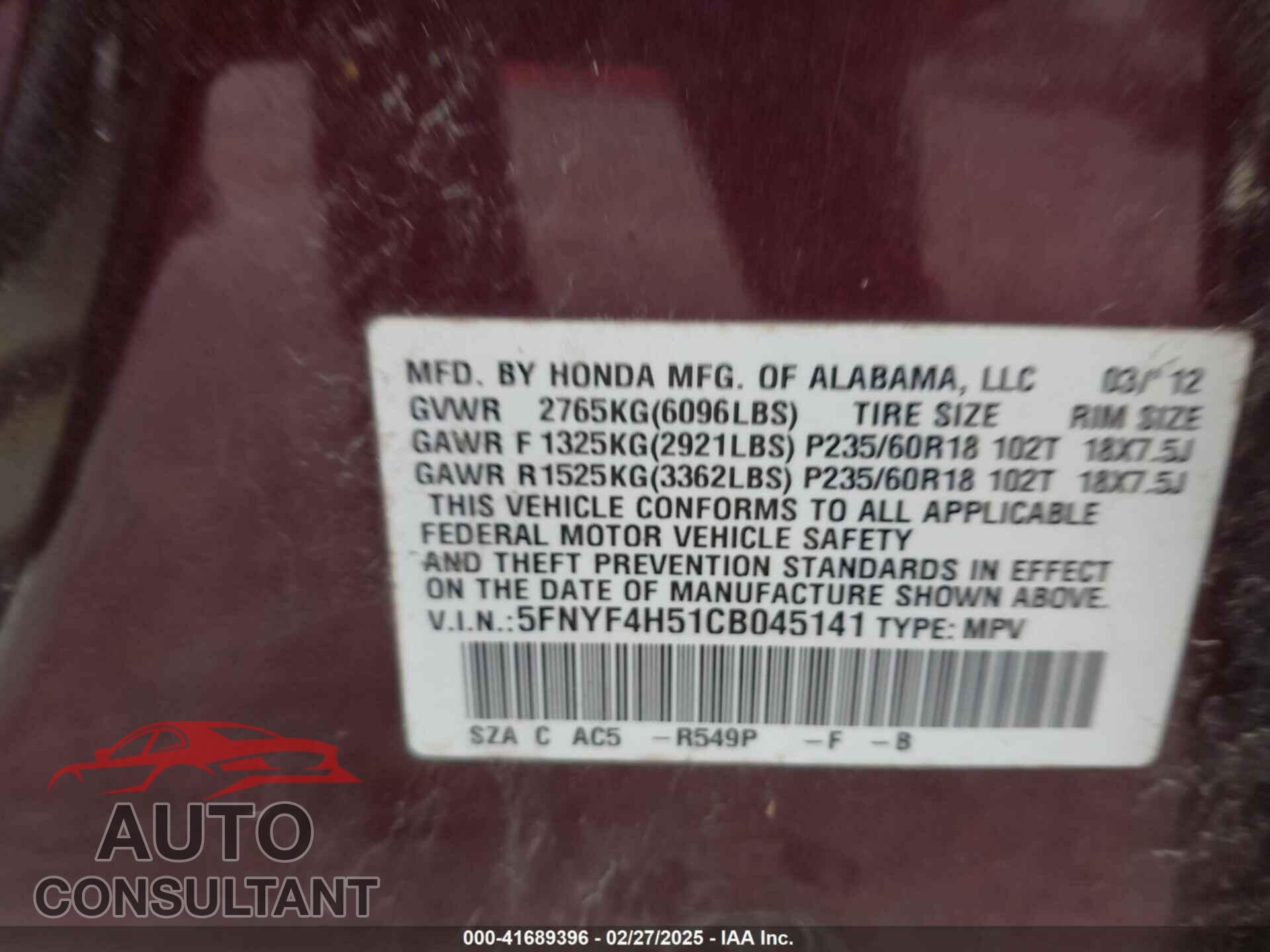 HONDA PILOT 2012 - 5FNYF4H51CB045141
