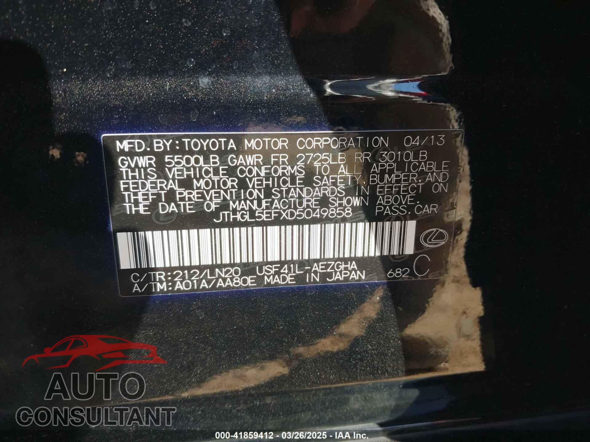LEXUS LS 460 2013 - JTHGL5EFXD5049858