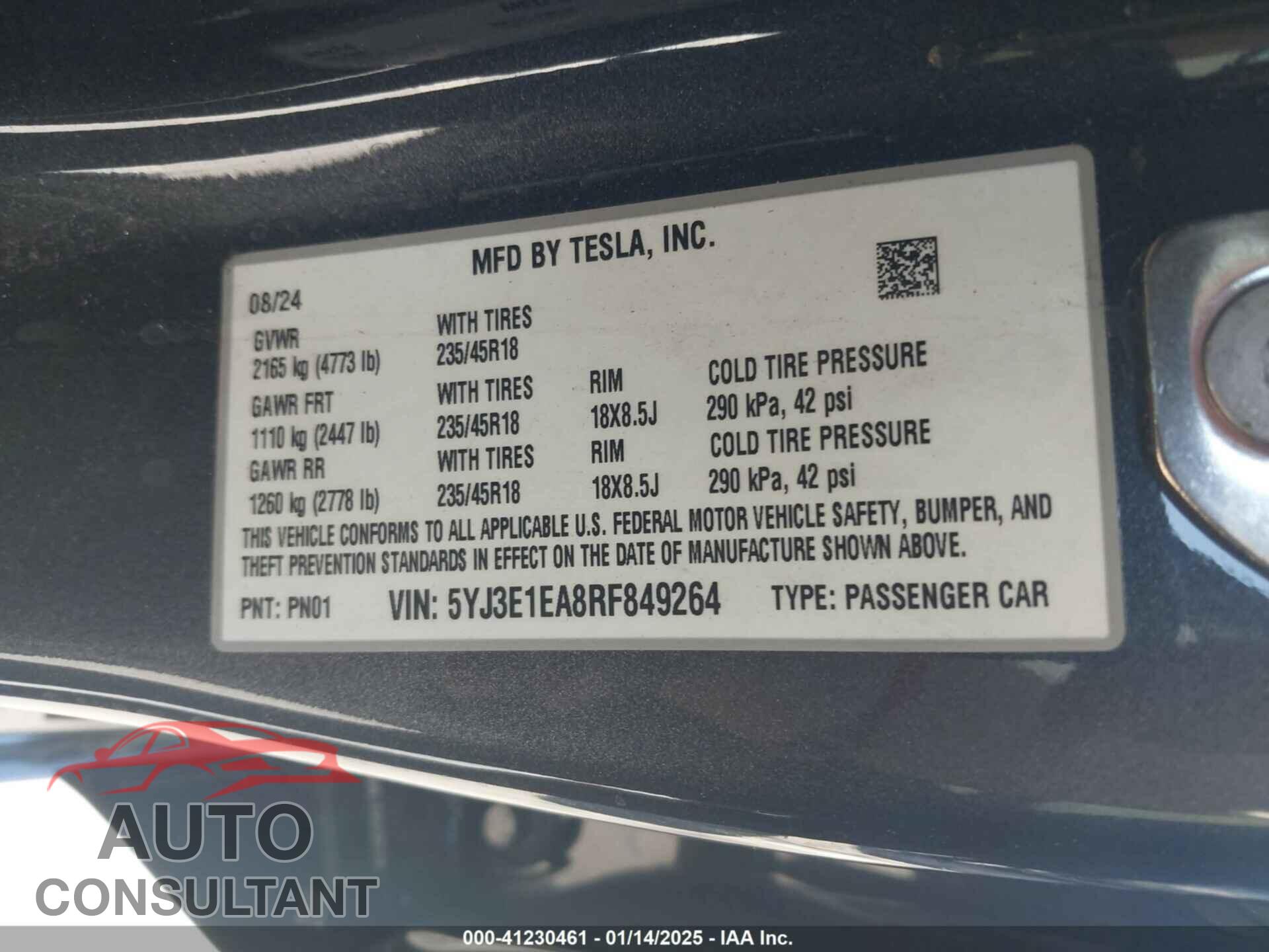 TESLA MODEL 3 2024 - 5YJ3E1EA8RF849264