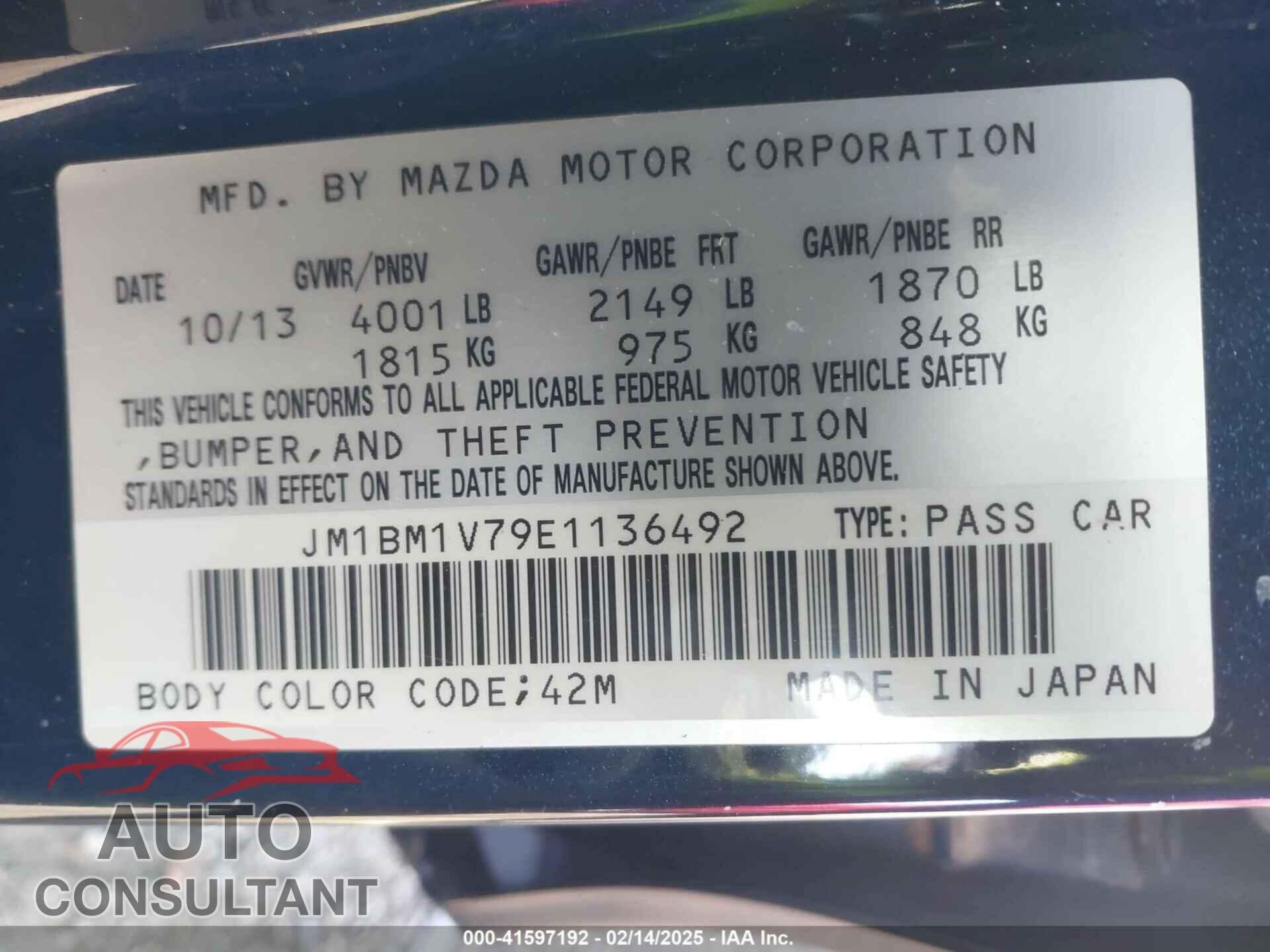 MAZDA MAZDA3 2014 - JM1BM1V79E1136492