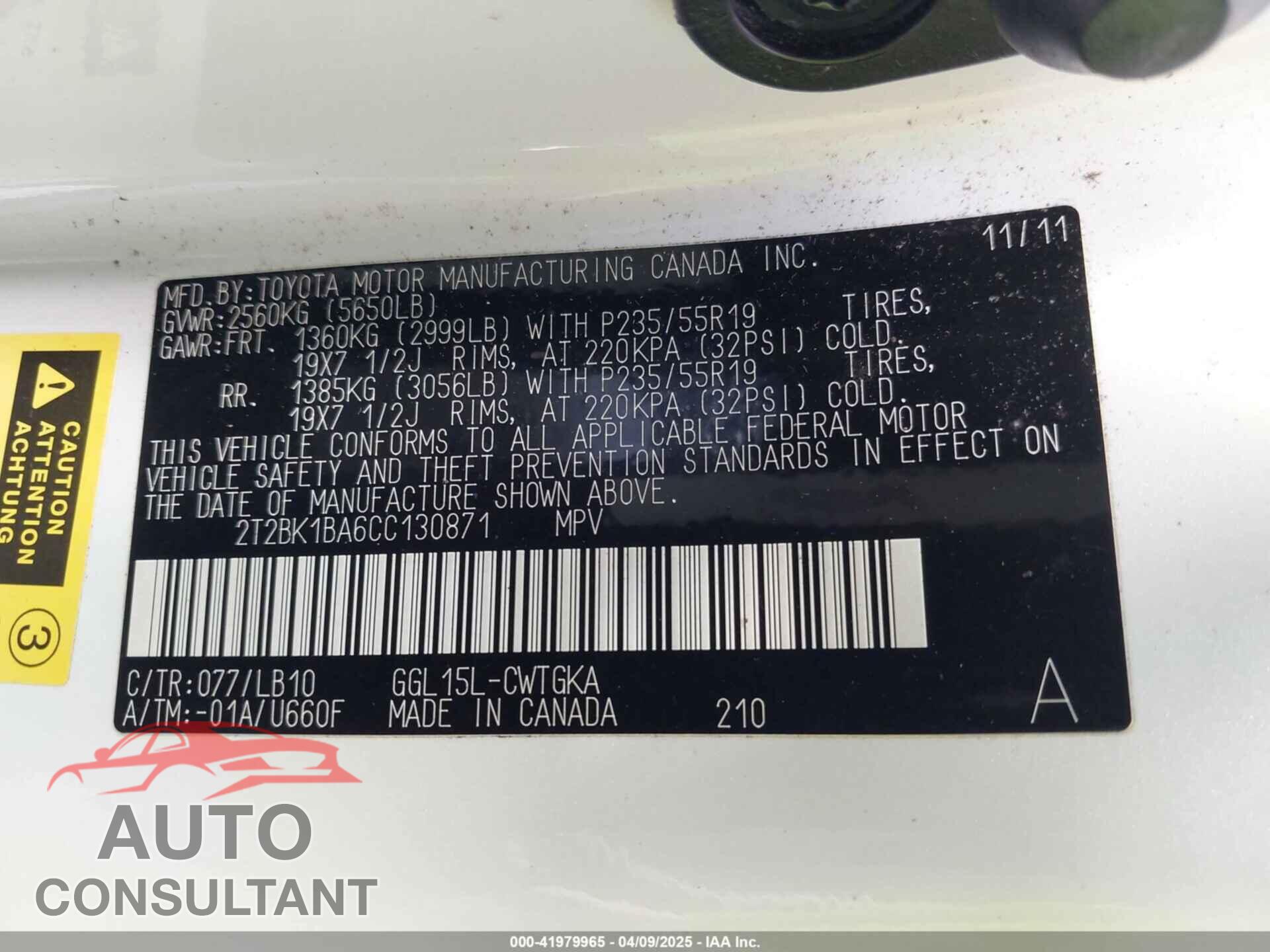LEXUS RX 350 2012 - 2T2BK1BA6CC130871