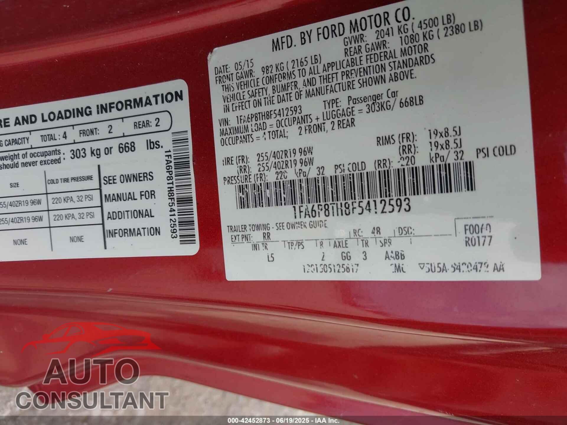 FORD MUSTANG 2015 - 1FA6P8TH8F5412593