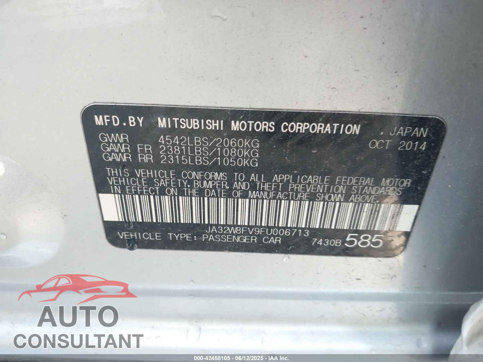 MITSUBISHI LANCER EVOLUTION 2015 - JA32W8FV9FU006713
