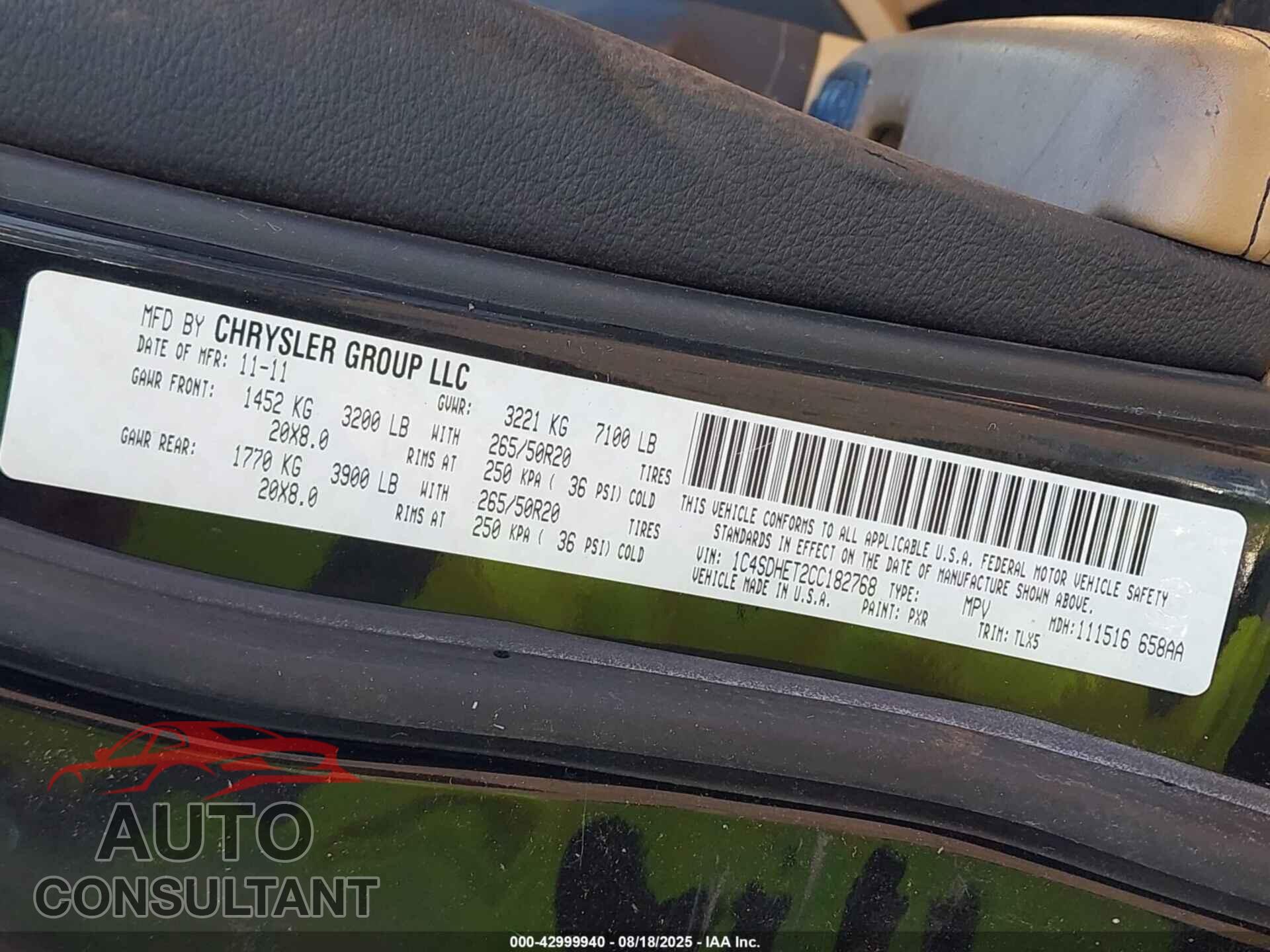 DODGE DURANGO 2012 - 1C4SDHET2CC182768