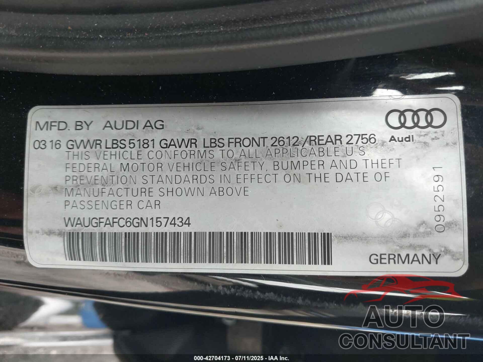 AUDI A6 2016 - WAUGFAFC6GN157434
