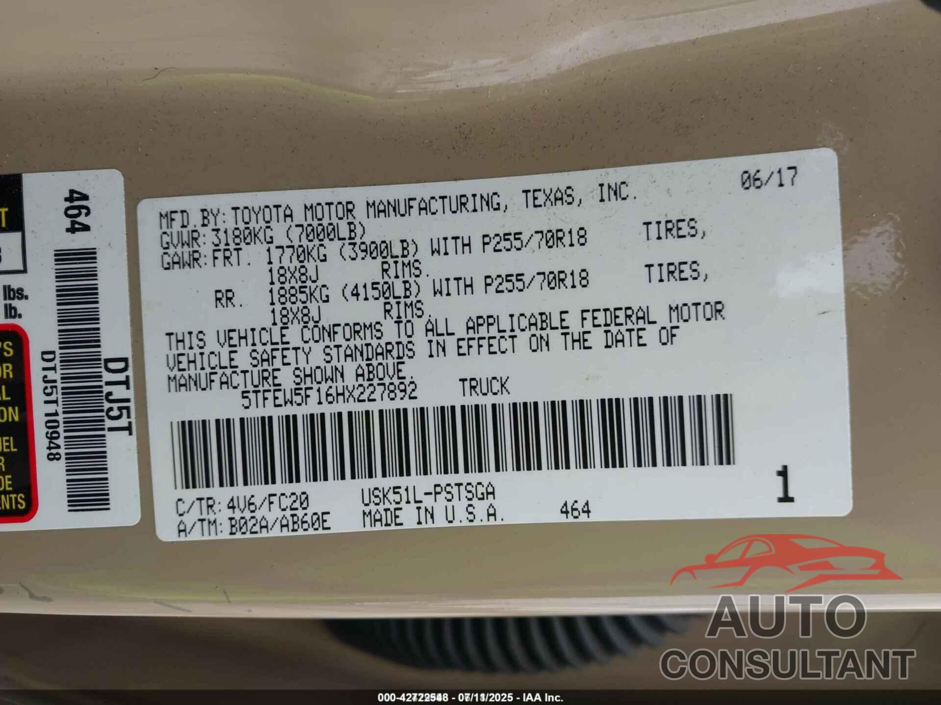 TOYOTA TUNDRA 2017 - 5TFEW5F16HX227892