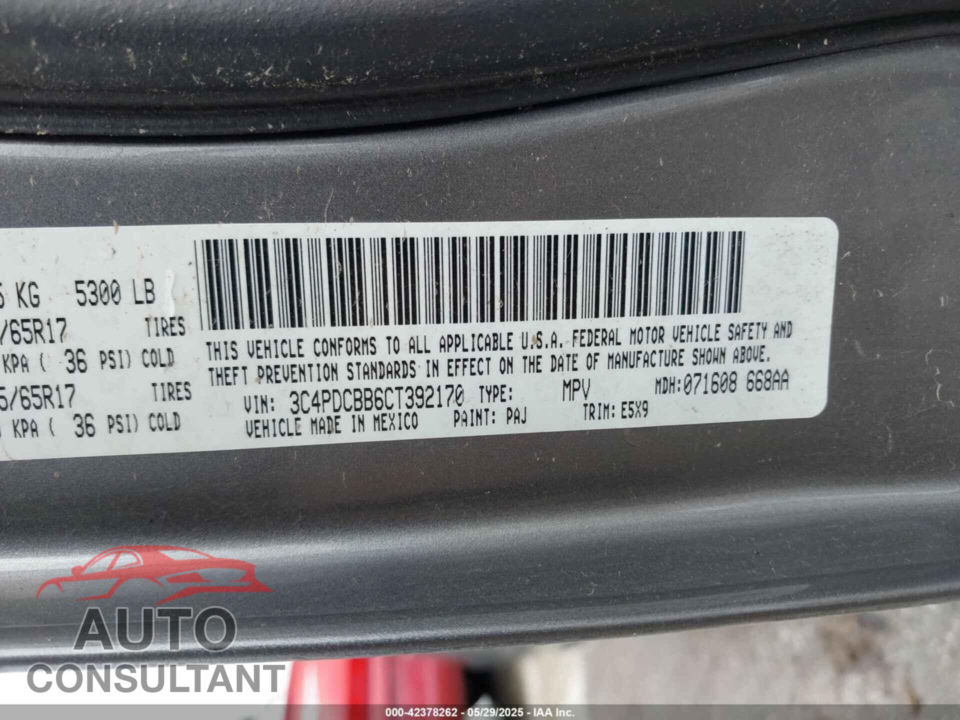 DODGE JOURNEY 2012 - 3C4PDCBB6CT392170