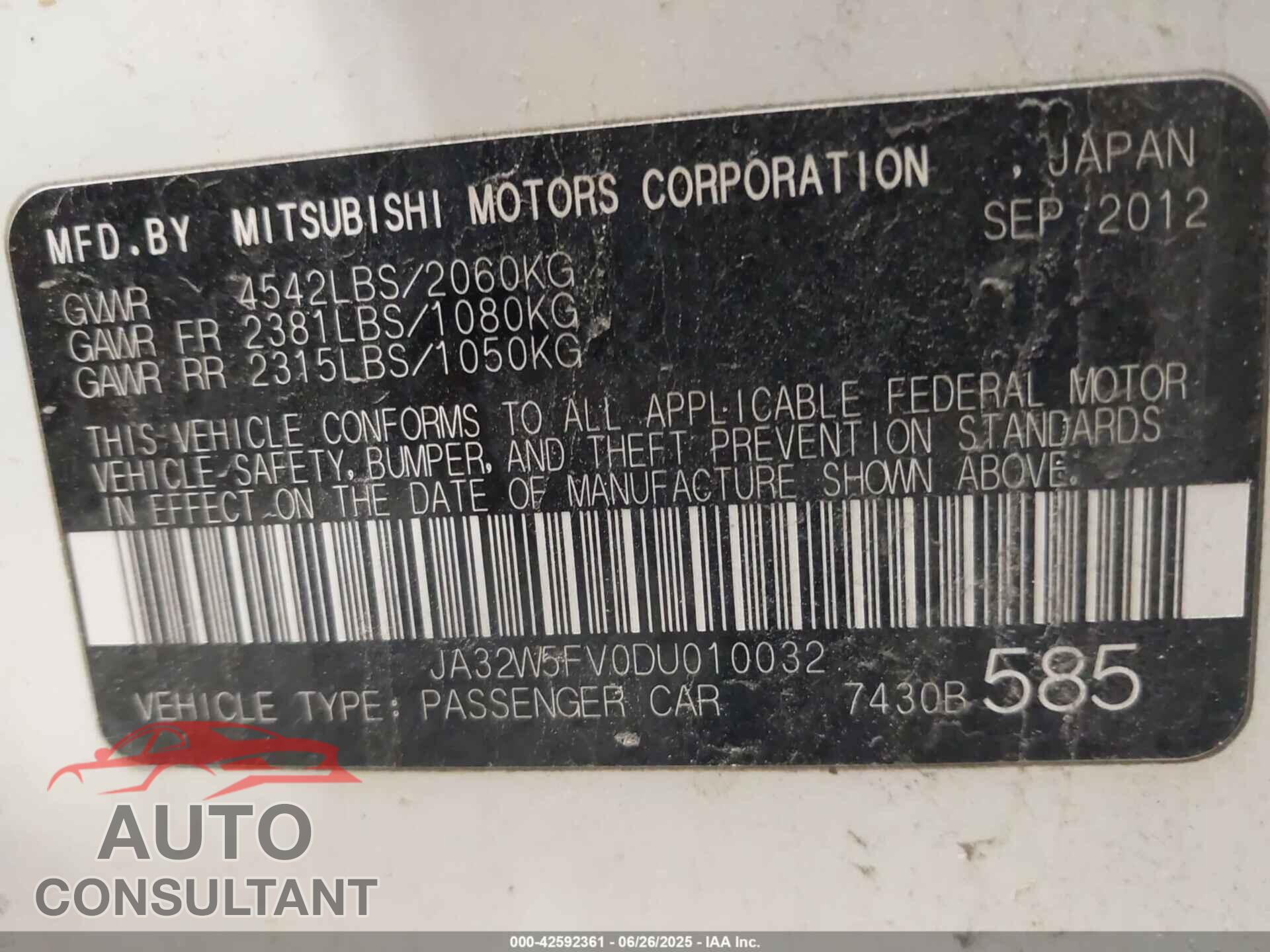 MITSUBISHI LANCER EVOLUTION 2013 - JA32W5FV0DU010032