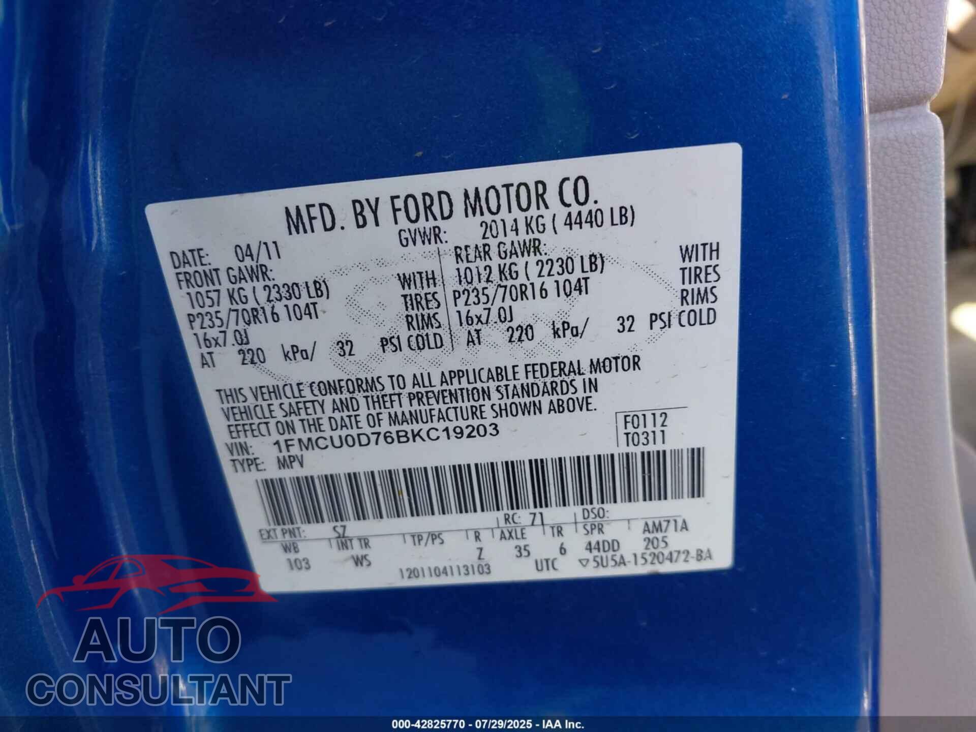 FORD ESCAPE 2011 - 1FMCU0D76BKC19203