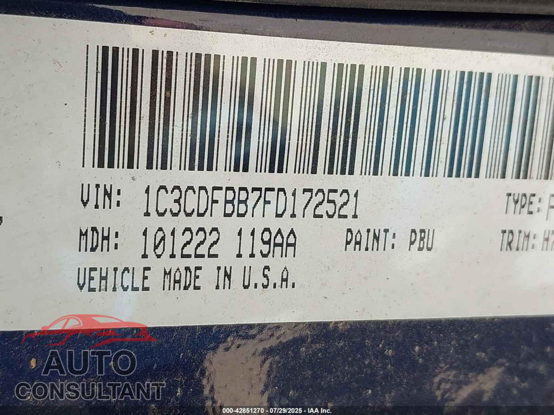 DODGE DART 2015 - 1C3CDFBB7FD172521