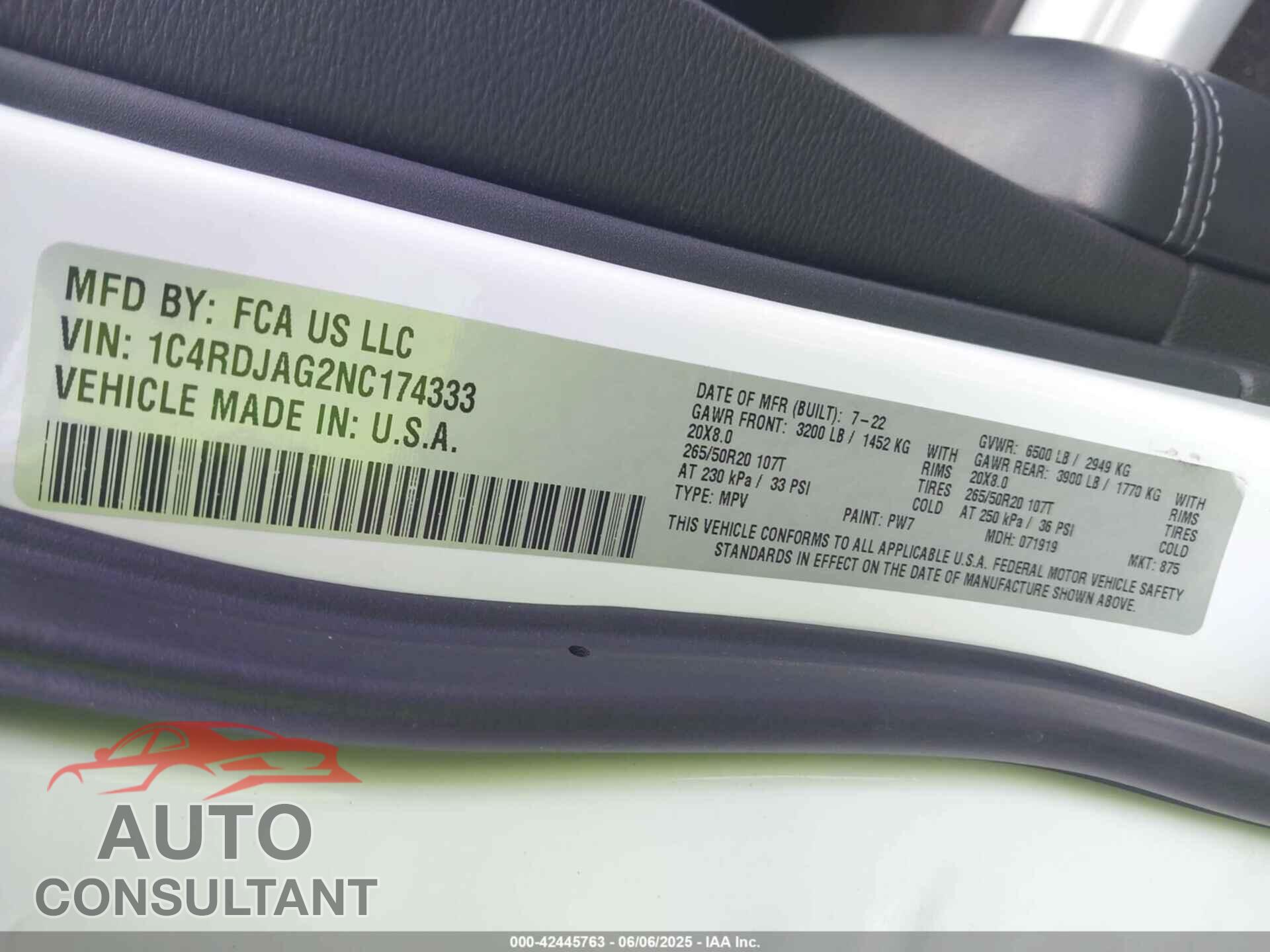 DODGE DURANGO 2022 - 1C4RDJAG2NC174333