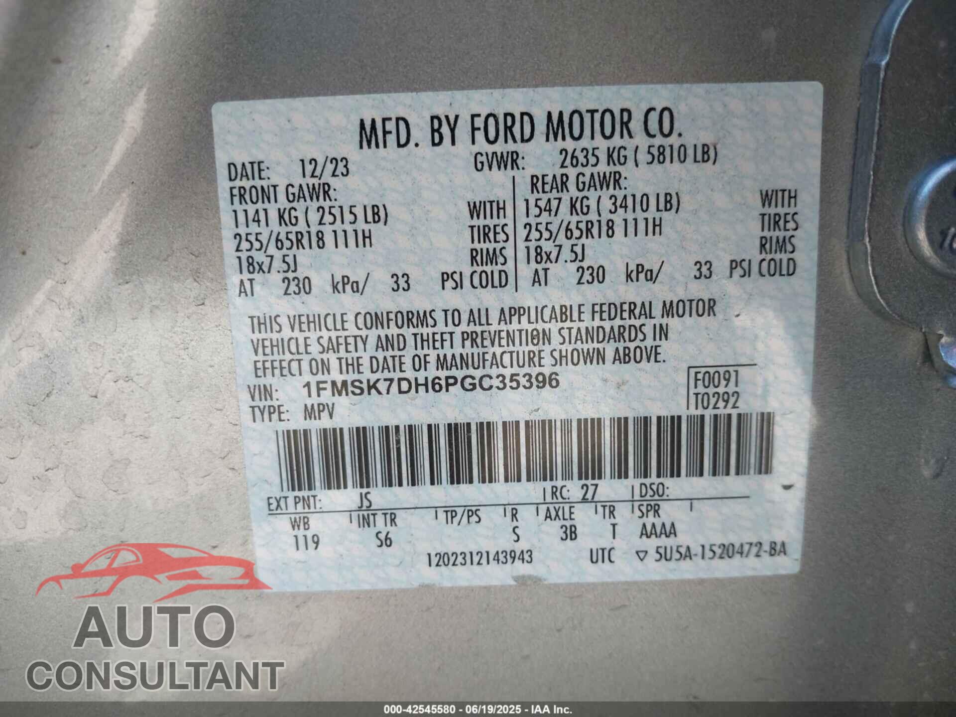 FORD EXPLORER 2023 - 1FMSK7DH6PGC35396