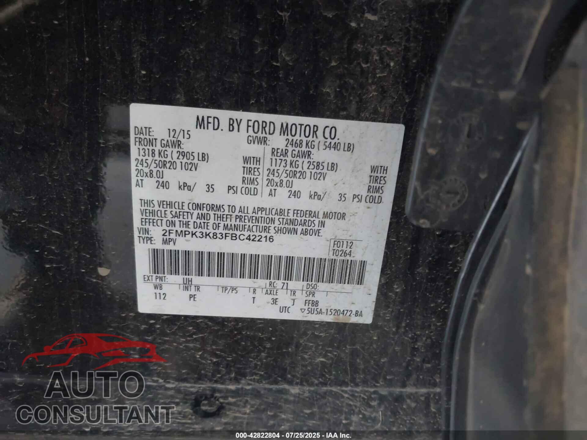 FORD EDGE 2015 - 2FMPK3K83FBC42216