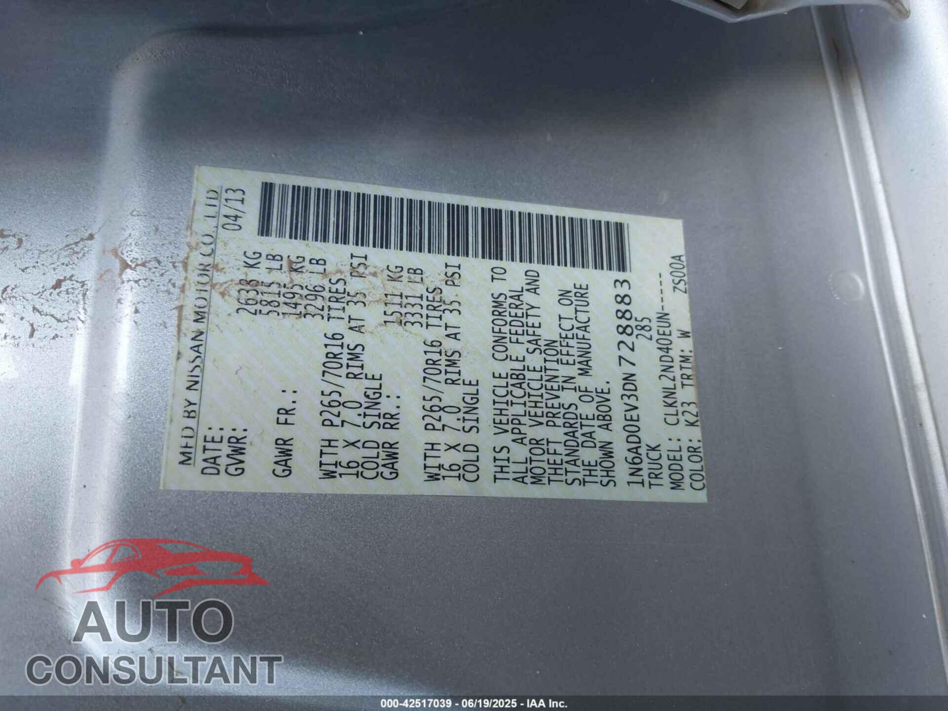NISSAN FRONTIER 2013 - 1N6AD0EV3DN728883