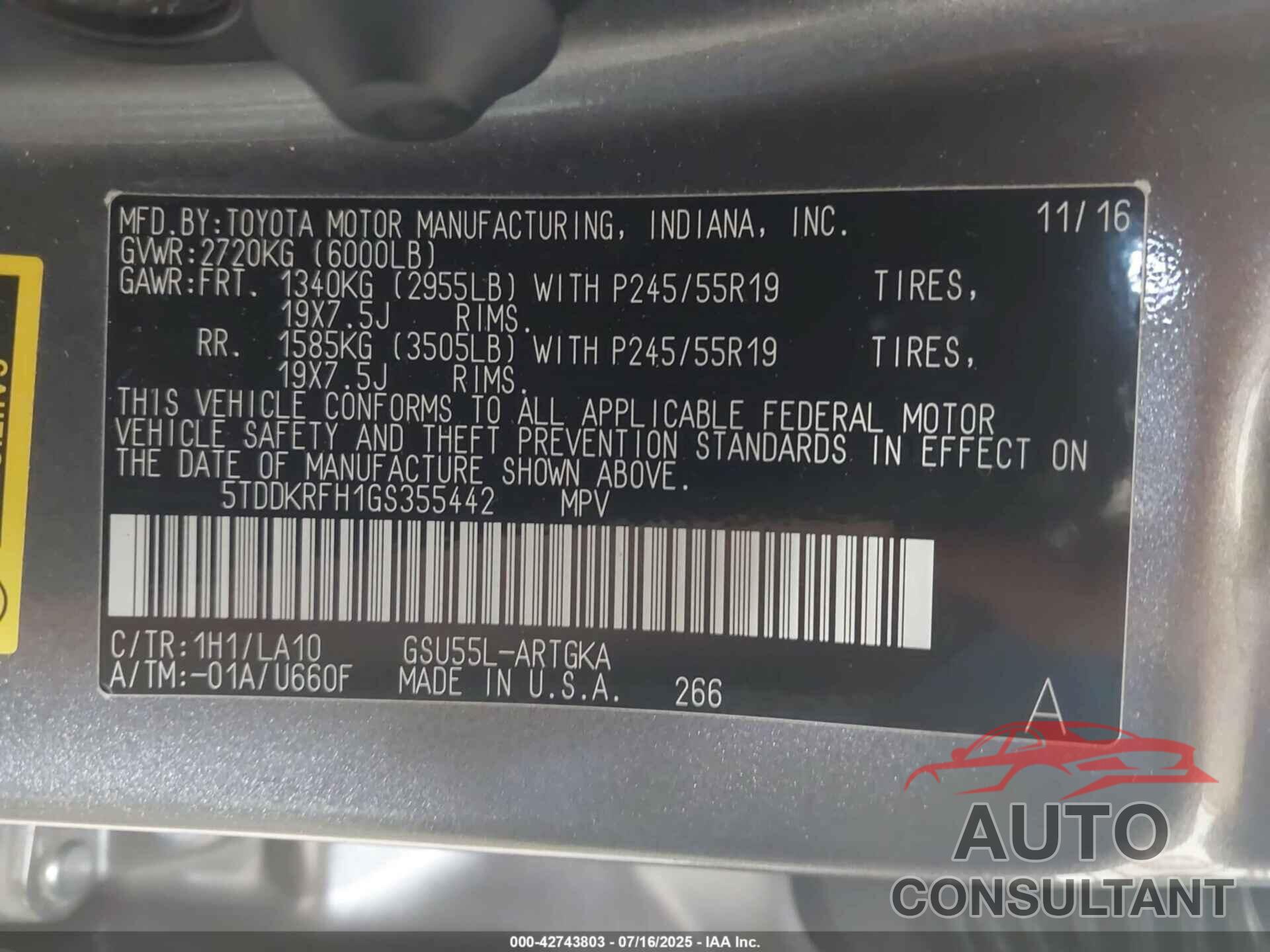 TOYOTA HIGHLANDER 2016 - 5TDDKRFH1GS355442
