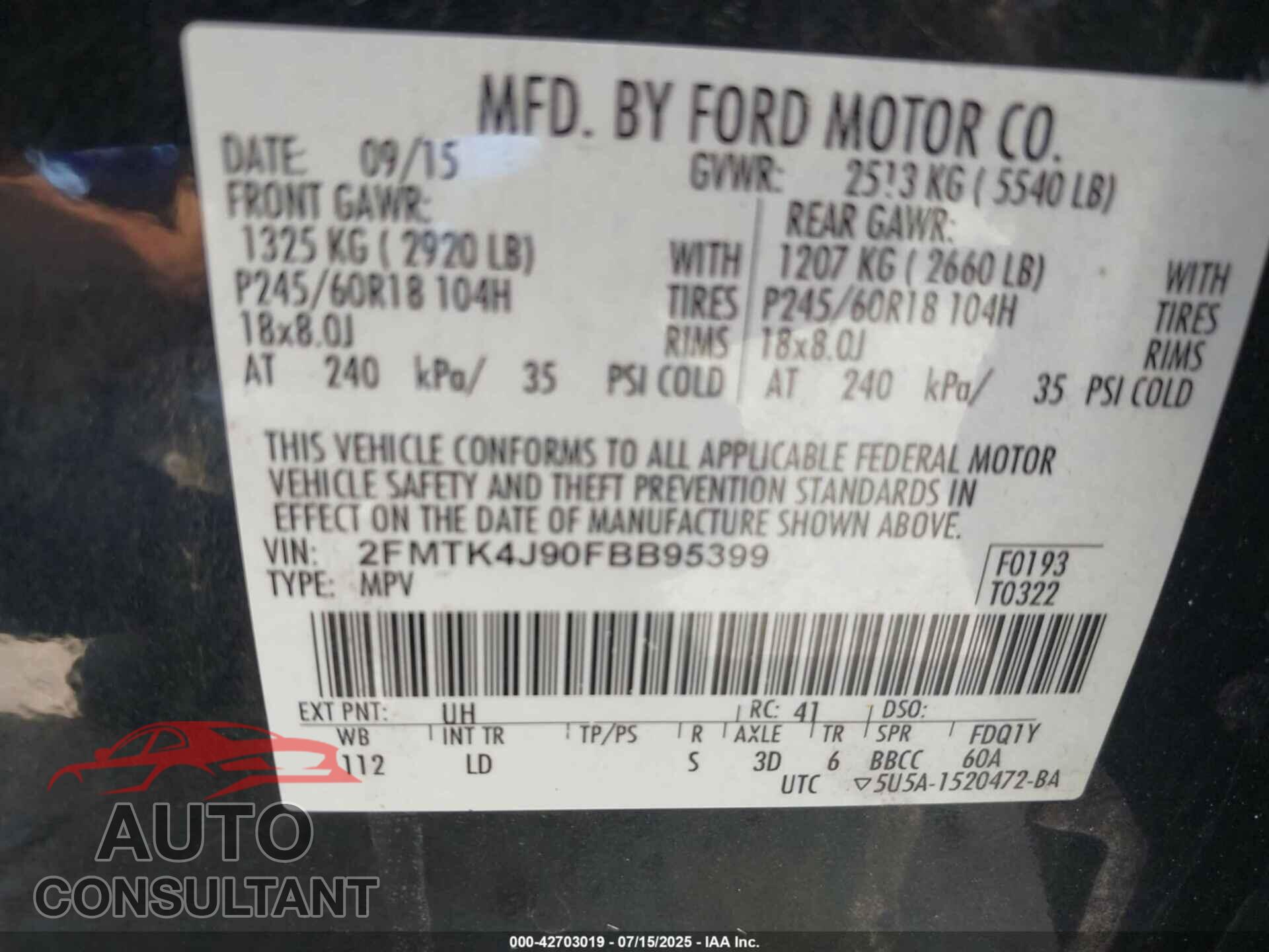 FORD EDGE 2015 - 2FMTK4J90FBB95399
