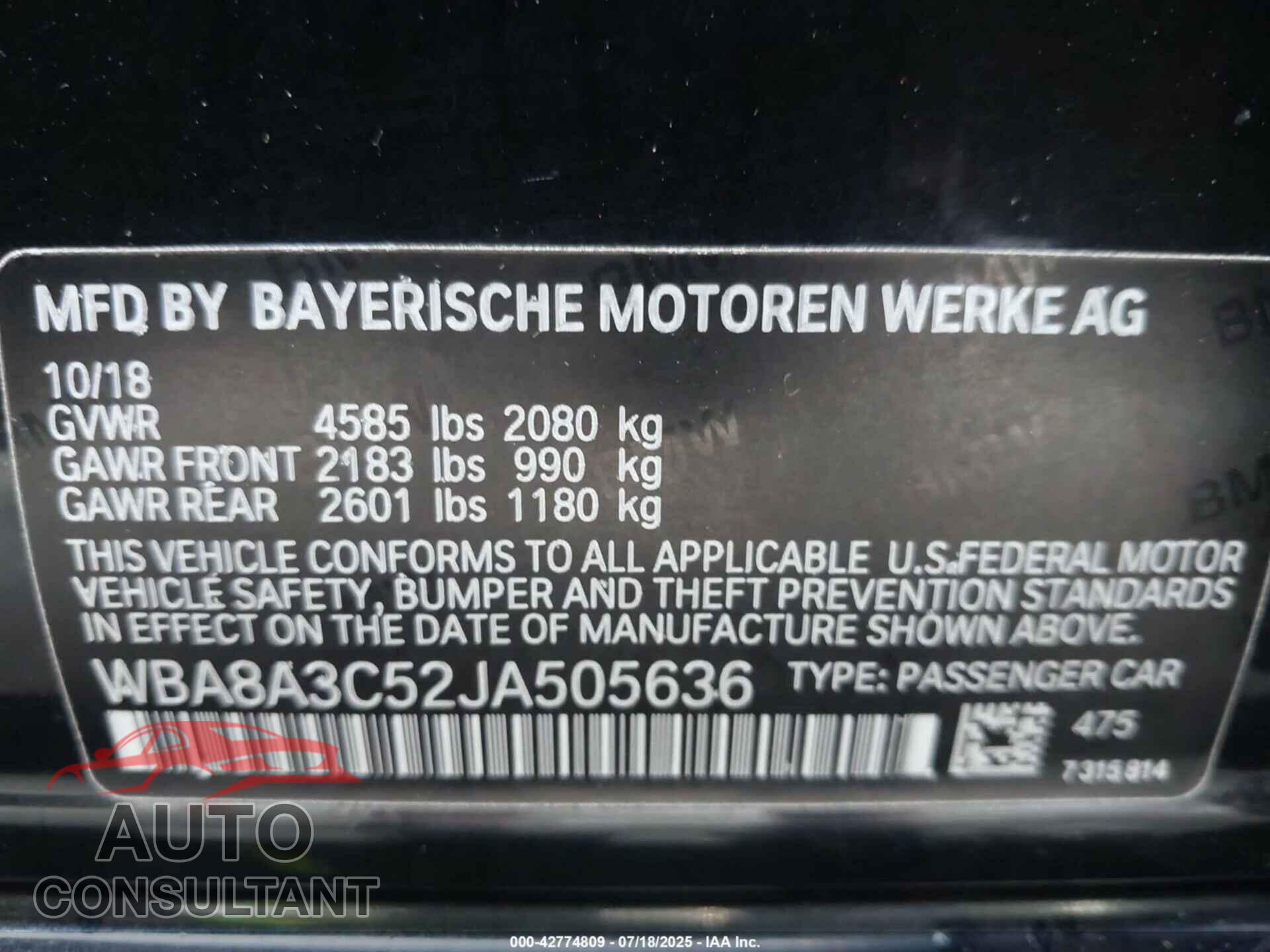 BMW 320I 2018 - WBA8A3C52JA505636