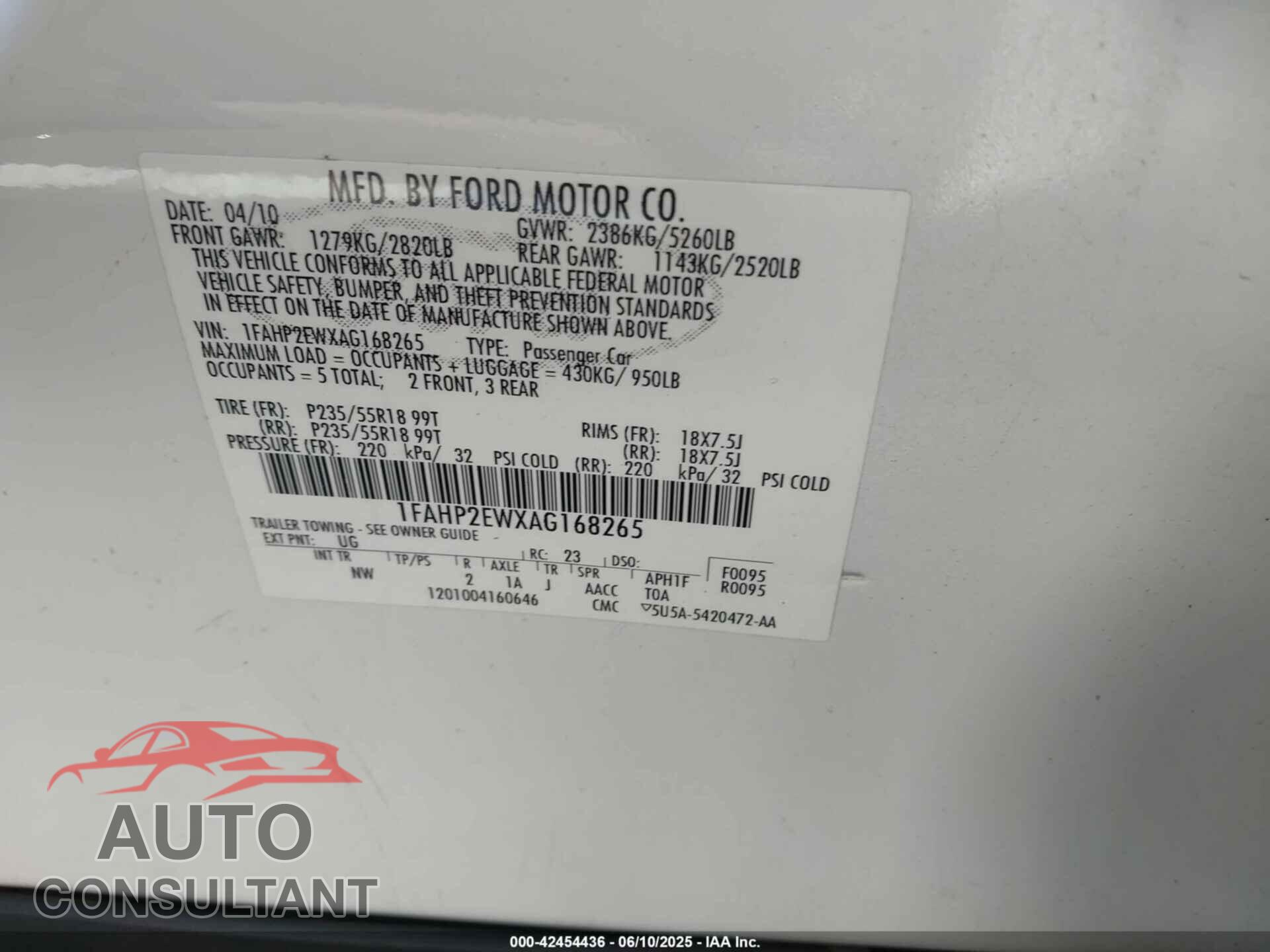 FORD TAURUS 2010 - 1FAHP2EWXAG168265