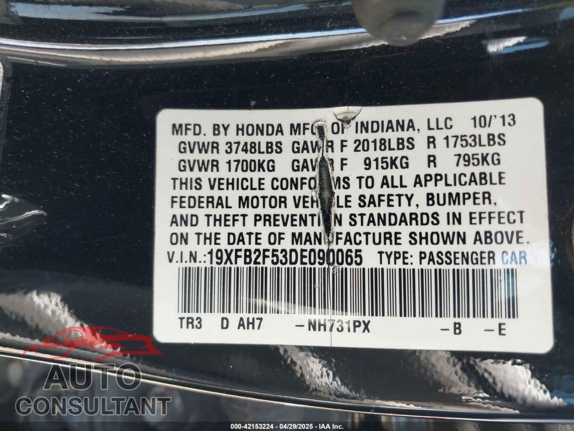 HONDA CIVIC 2013 - 19XFB2F53DE090065