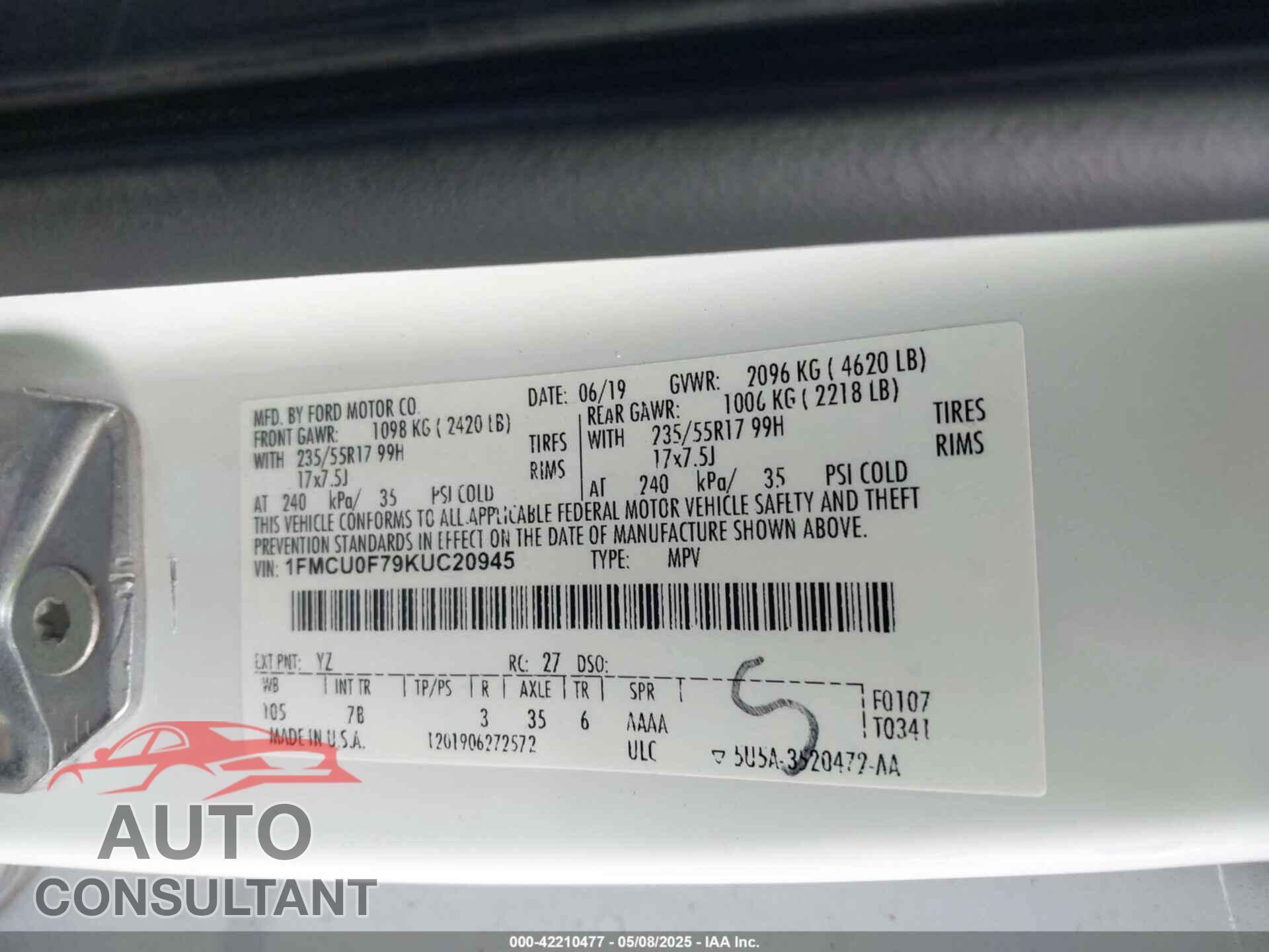 FORD ESCAPE 2019 - 1FMCU0F79KUC20945