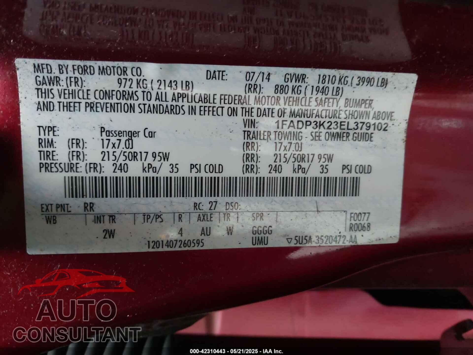 FORD FOCUS 2014 - 1FADP3K23EL379102