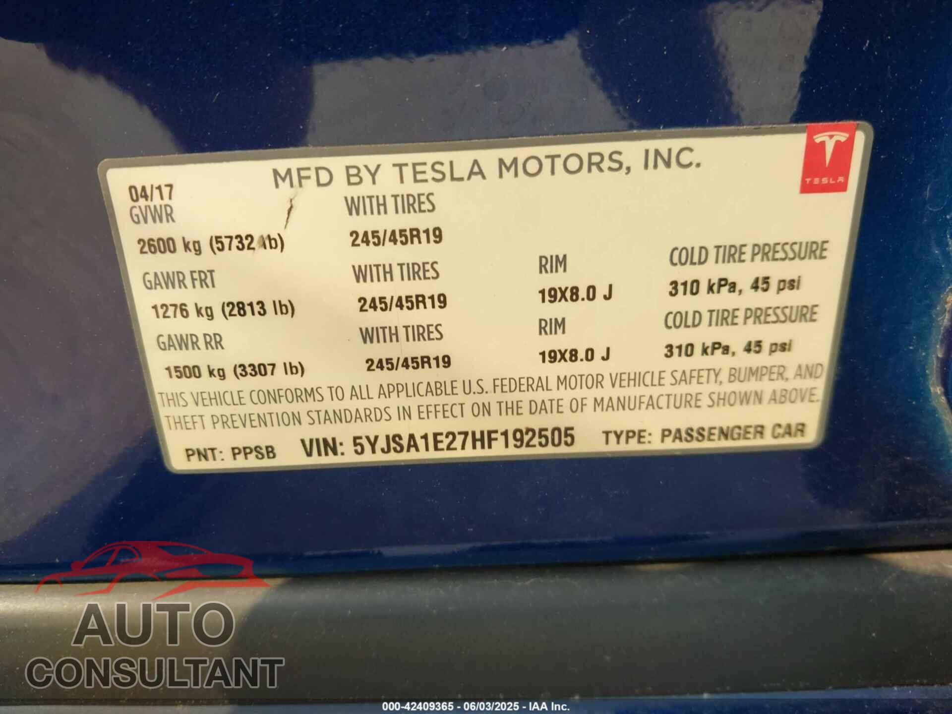 TESLA MODEL S 2017 - 5YJSA1E27HF192505