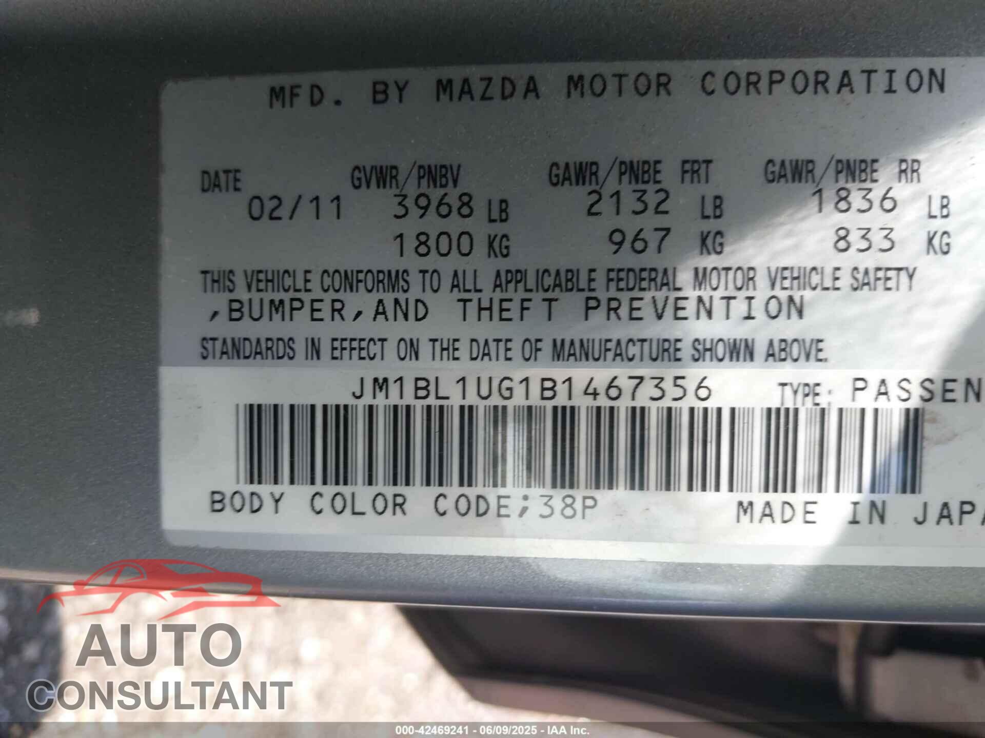MAZDA MAZDA3 2011 - JM1BL1UG1B1467356