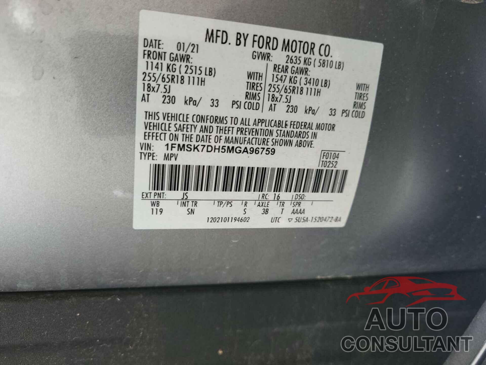 FORD EXPLORER 2021 - 1FMSK7DH5MGA96759